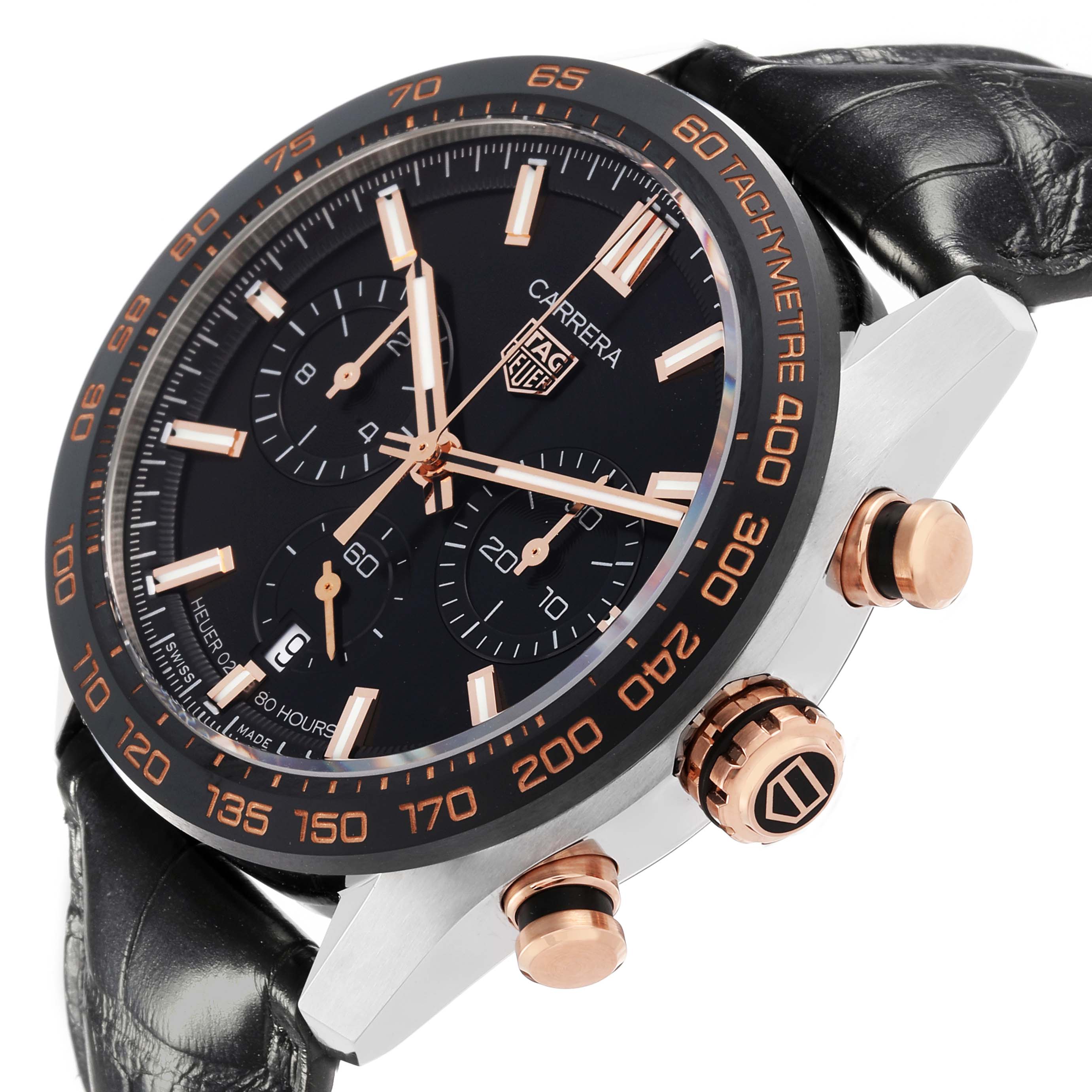 The Tag Heuer Carrera CBN2A5A.FC6481 Men's Stainless Steel Black Dial CBN2A5A.FC6481 Men's Stainless Steel Black Dial watch is shown at an angled side view highlighting the dial, crown, and pushers.