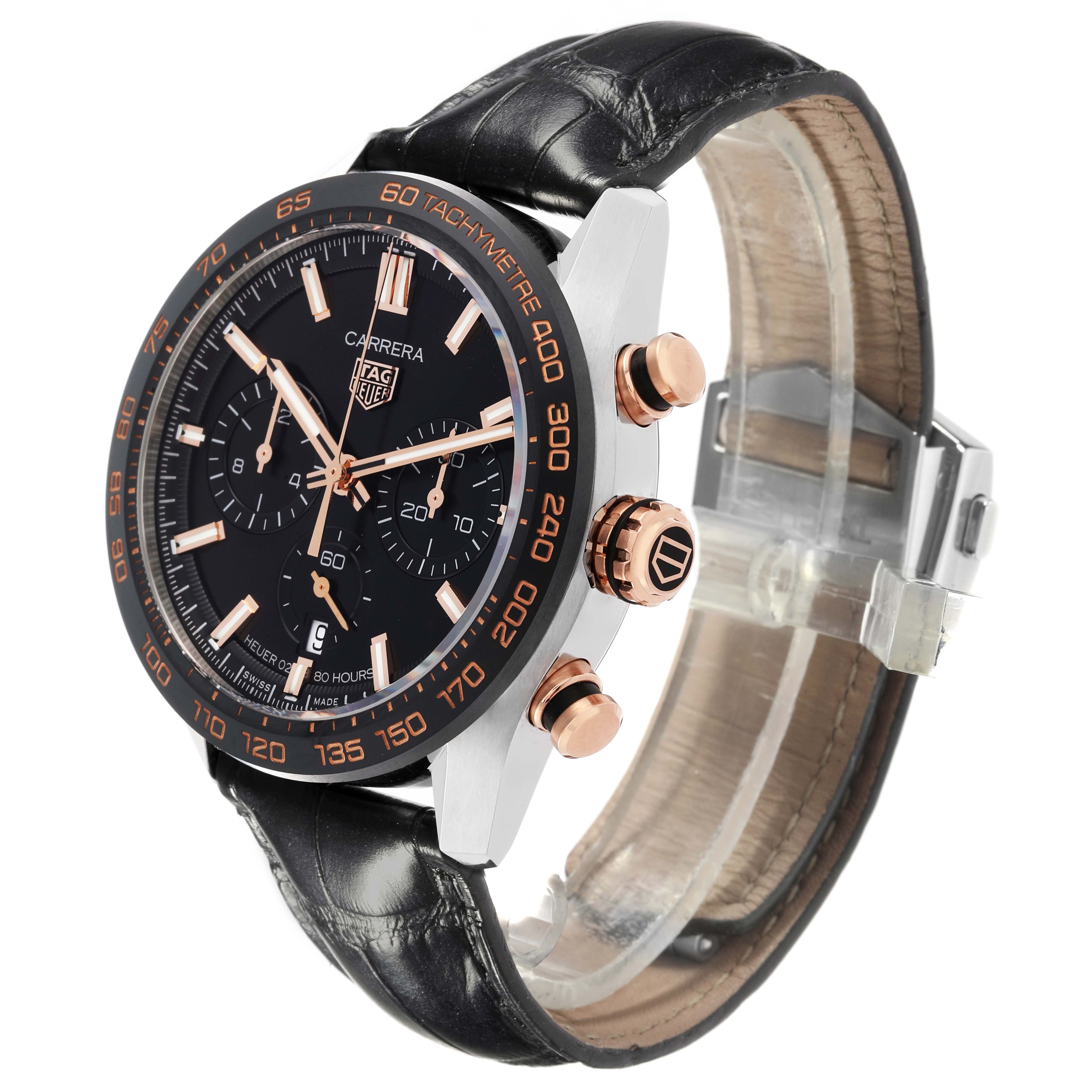 The Tag Heuer Carrera CBN2A5A.FC6481 Men's Stainless Steel Black Dial CBN2A5A.FC6481 Men's Stainless Steel Black Dial watch is shown at an angle highlighting its face, side buttons, and leather strap.