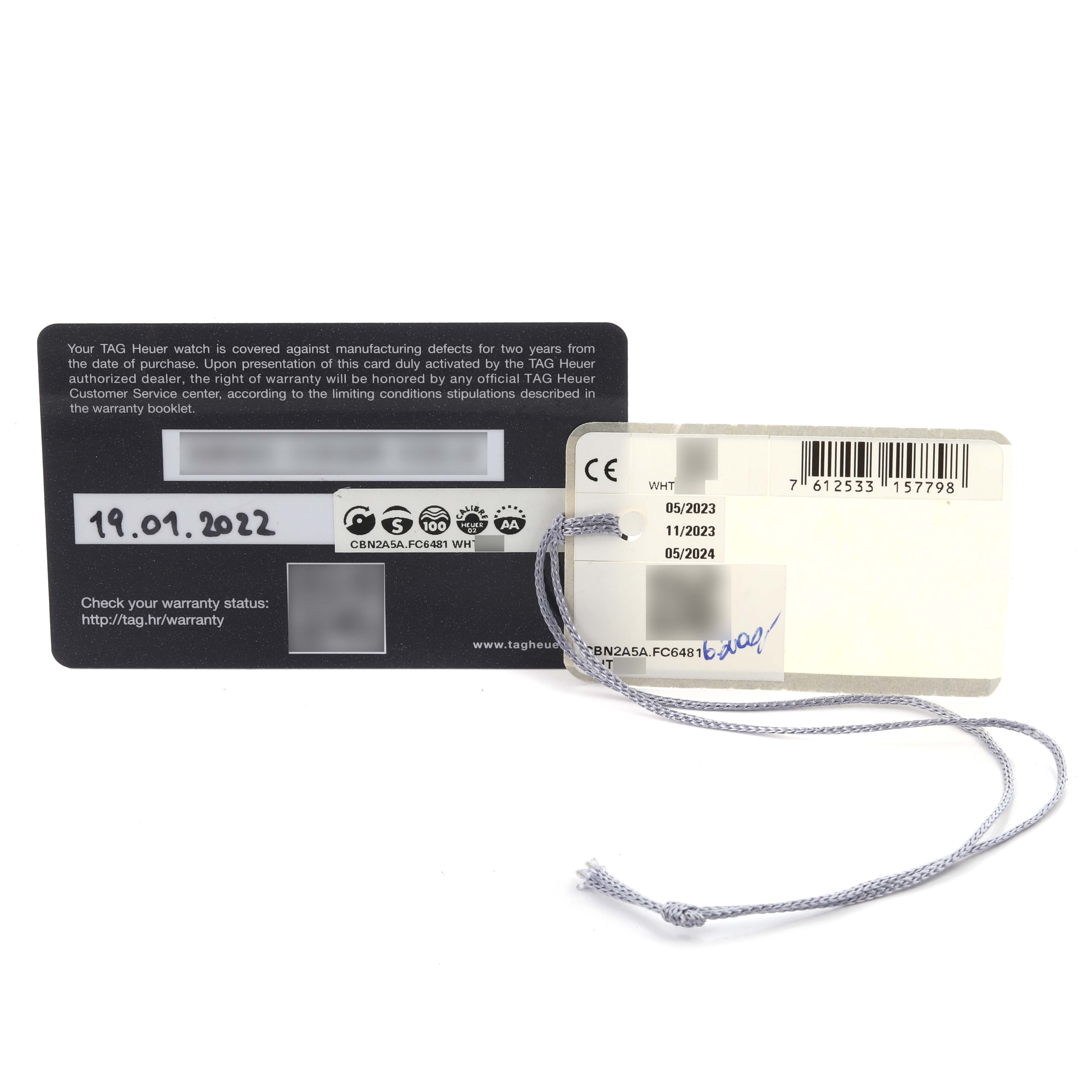 The image displays the warranty card and tag for the Tag Heuer Carrera CBN2A5A.FC6481 Men's Stainless Steel Black Dial CBN2A5A.FC6481 Men's Stainless Steel Black Dial watch.