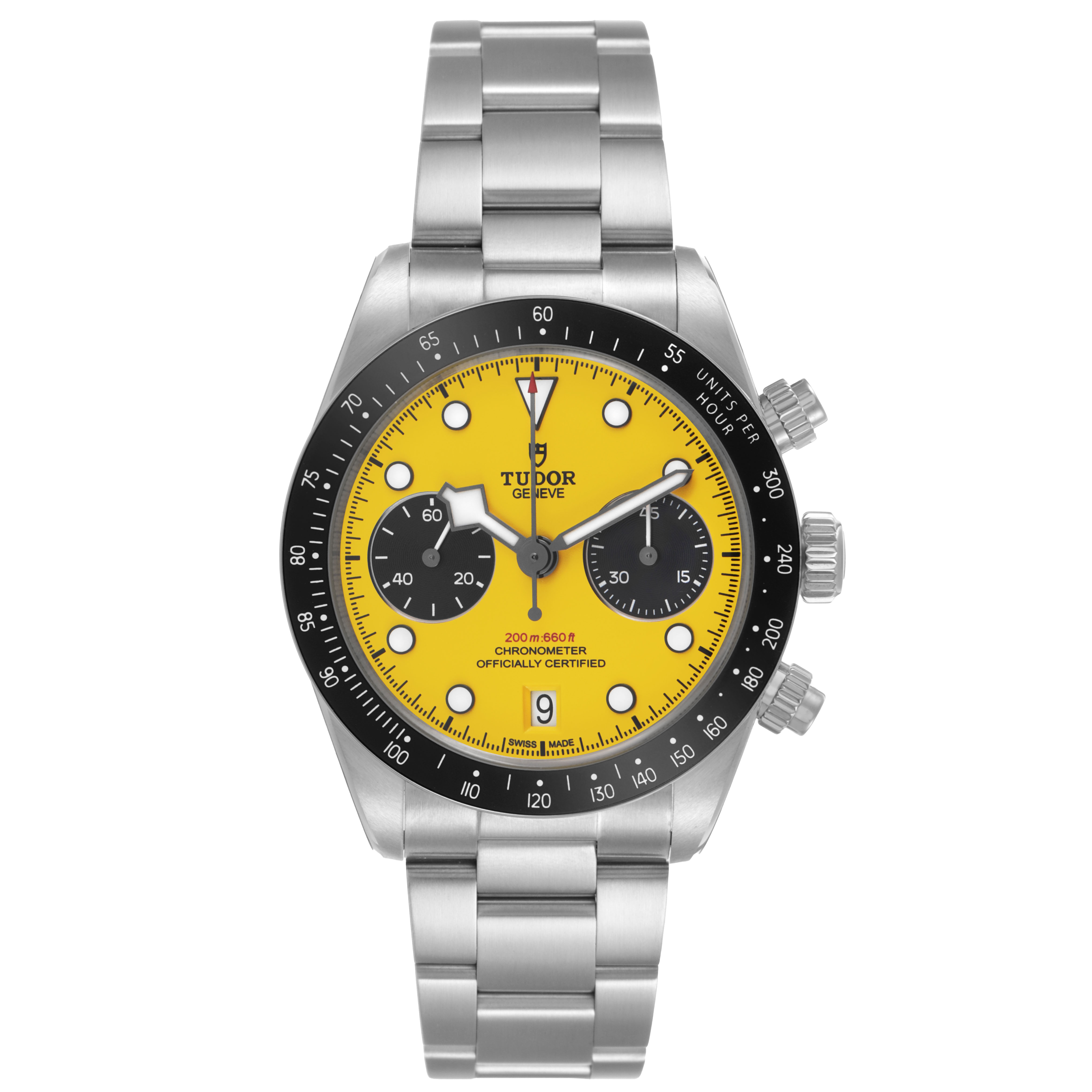 The Tudor Heritage Black Bay M79310N-0001 Men's Stainless Steel Yellow Dial watch is shown from a front angle, displaying the face, bezel, and bracelet.