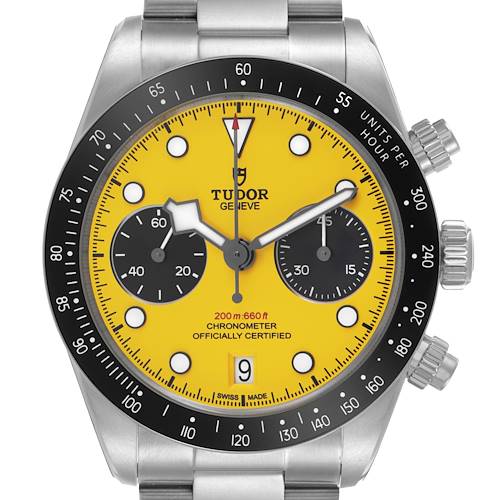 The Heritage Black Bay by Tudor is shown from a front angle, displaying the face, bezel, sub-dials, and crown.