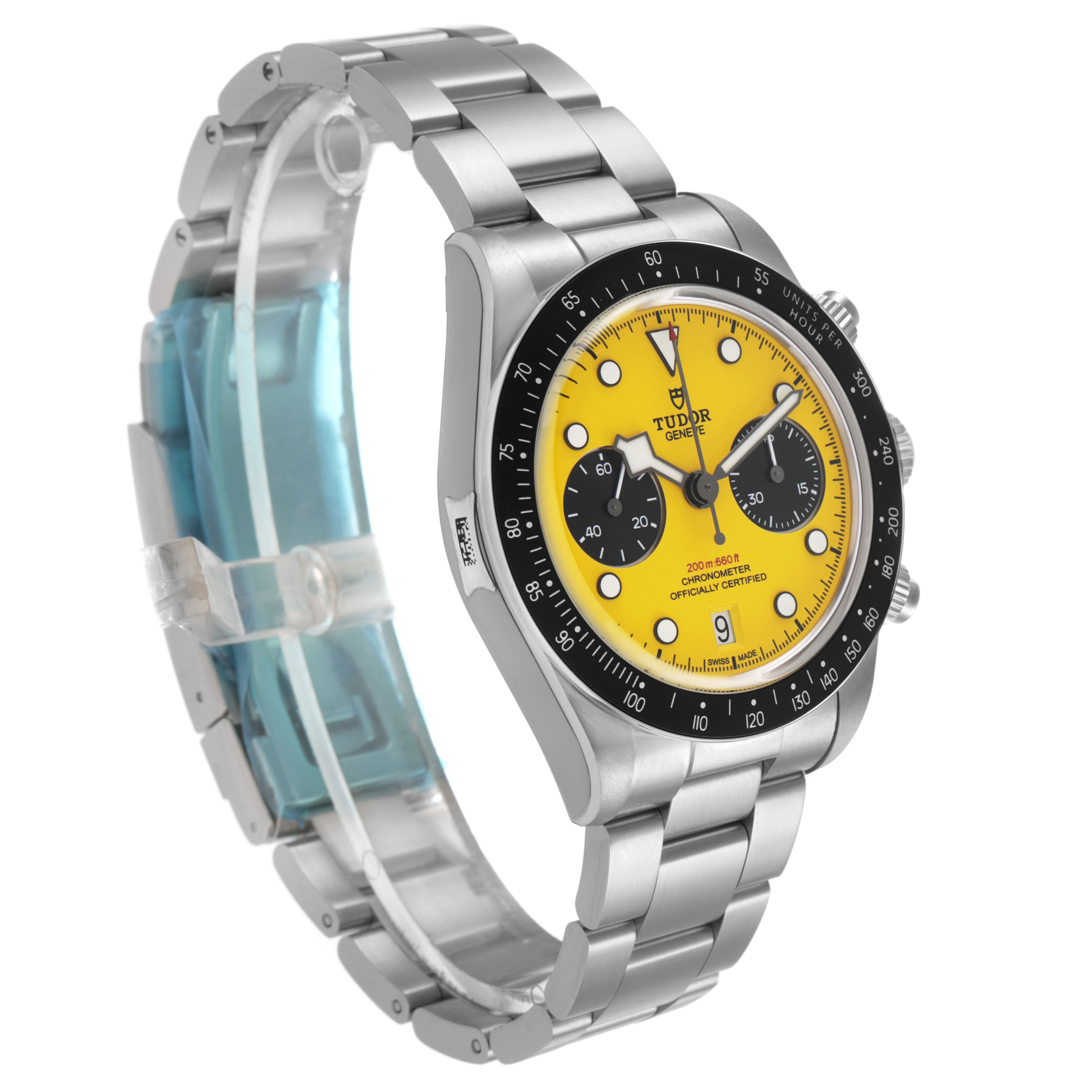 The Tudor Heritage Black Bay M79310N-0001 Men's Stainless Steel Yellow Dial watch is shown at a three-quarter angle highlighting the face, bezel, and bracelet.