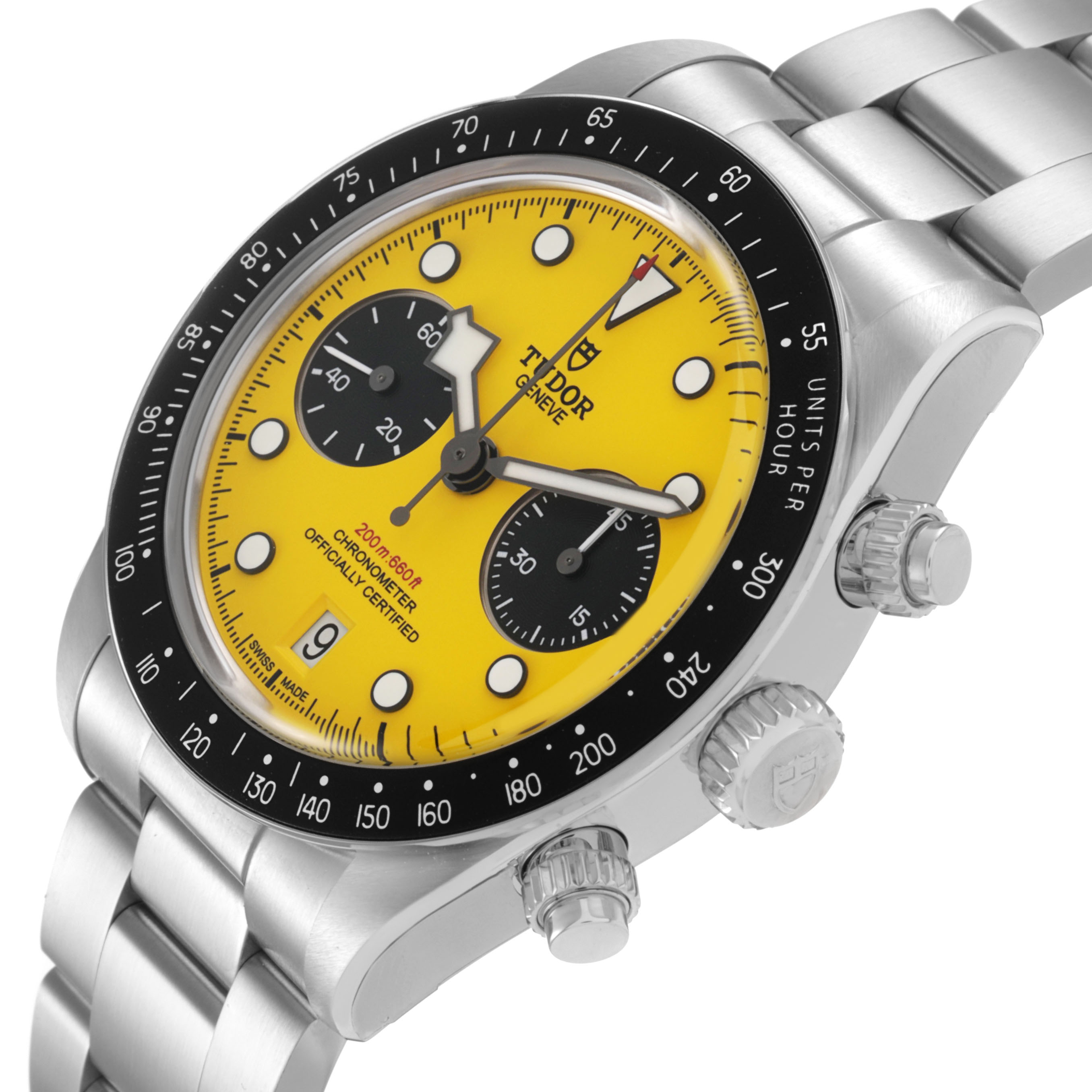 The Tudor Heritage Black Bay M79310N-0001 Men's Stainless Steel Yellow Dial watch is shown at an angled side view, highlighting the bezel, dial, crown, and bracelet.