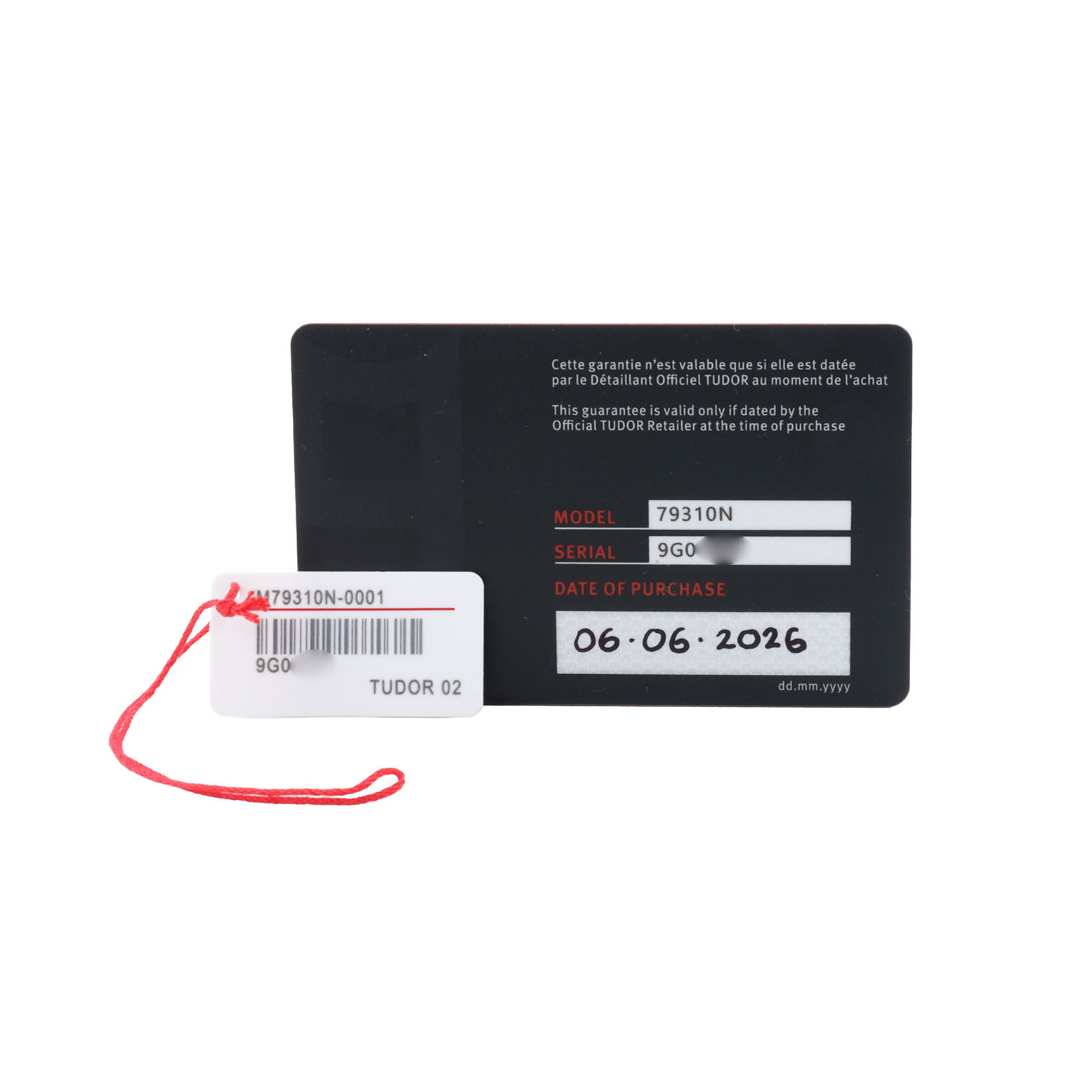 The image shows a warranty card and tag with model and serial details for the Tudor Heritage Black Bay M79310N-0001 Men's Stainless Steel Yellow Dial watch.