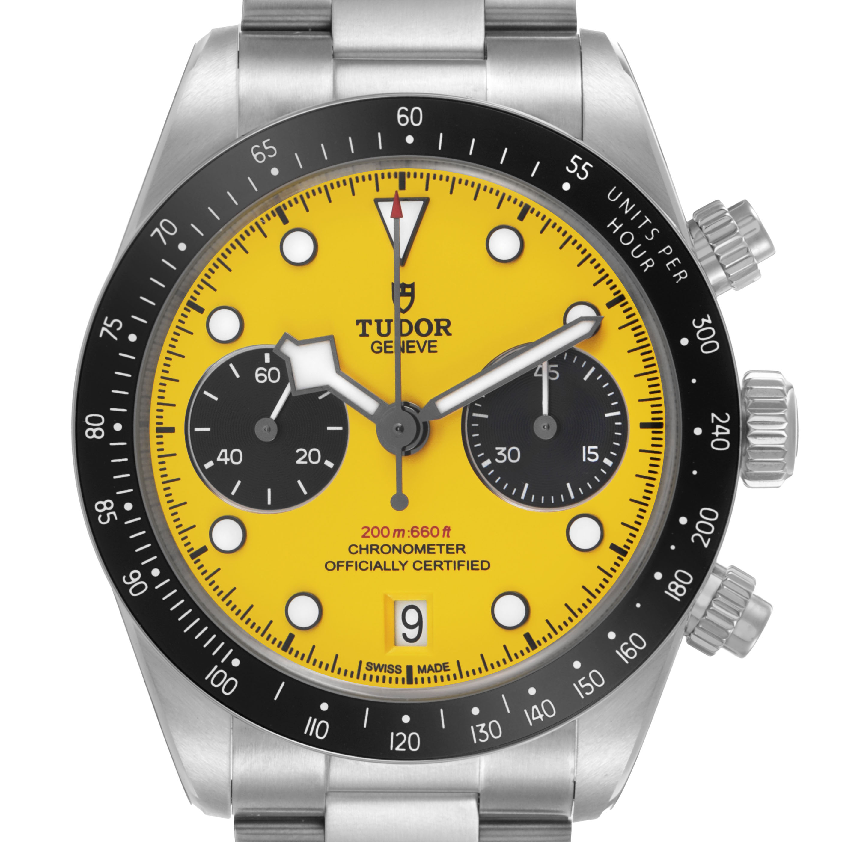The Tudor Heritage Black Bay M79310N-0001 Men's Stainless Steel Yellow Dial watch is shown from the front, showcasing the dial, bezel, crown, and bracelet.