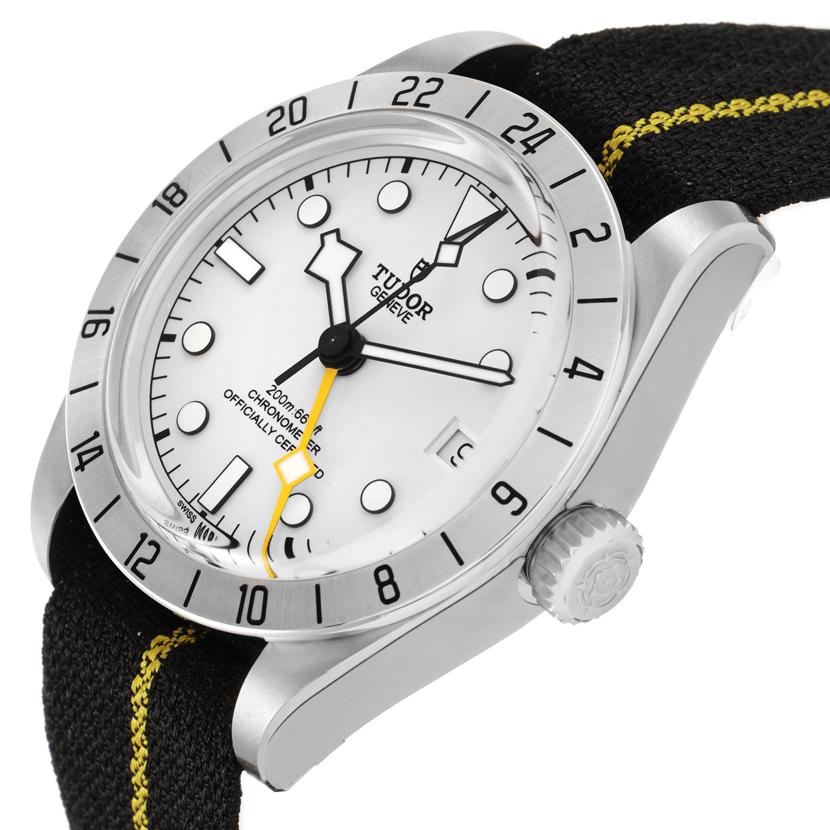 The Tudor Heritage Black Bay 79470 Men's Stainless Steel Black Dial watch is shown from a three-quarter angle highlighting the face, bezel, crown, and part of the strap.