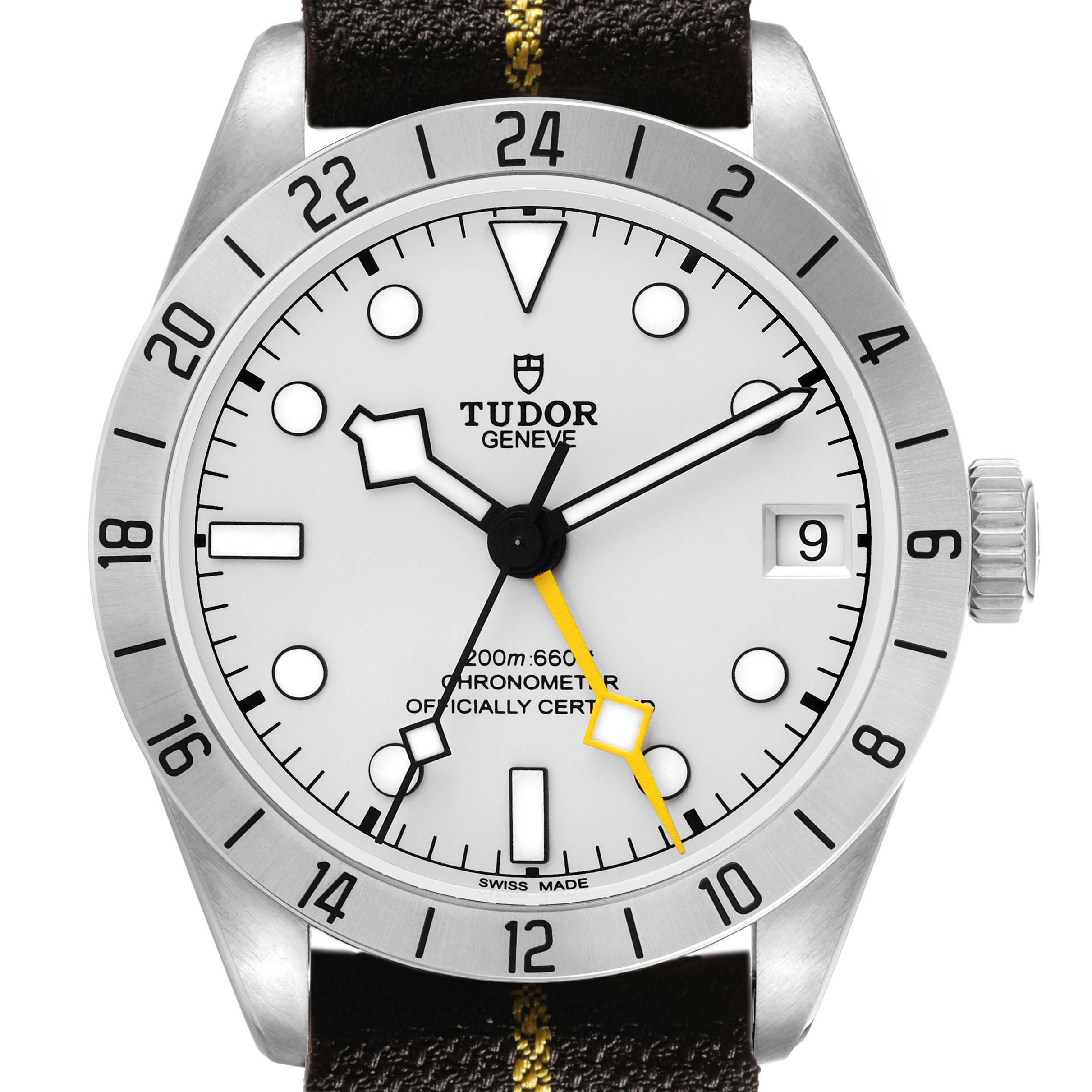 The Tudor Heritage Black Bay 79470 Men's Stainless Steel Black Dial watch is shown from a top view, highlighting its white dial, bezel, and leather strap.
