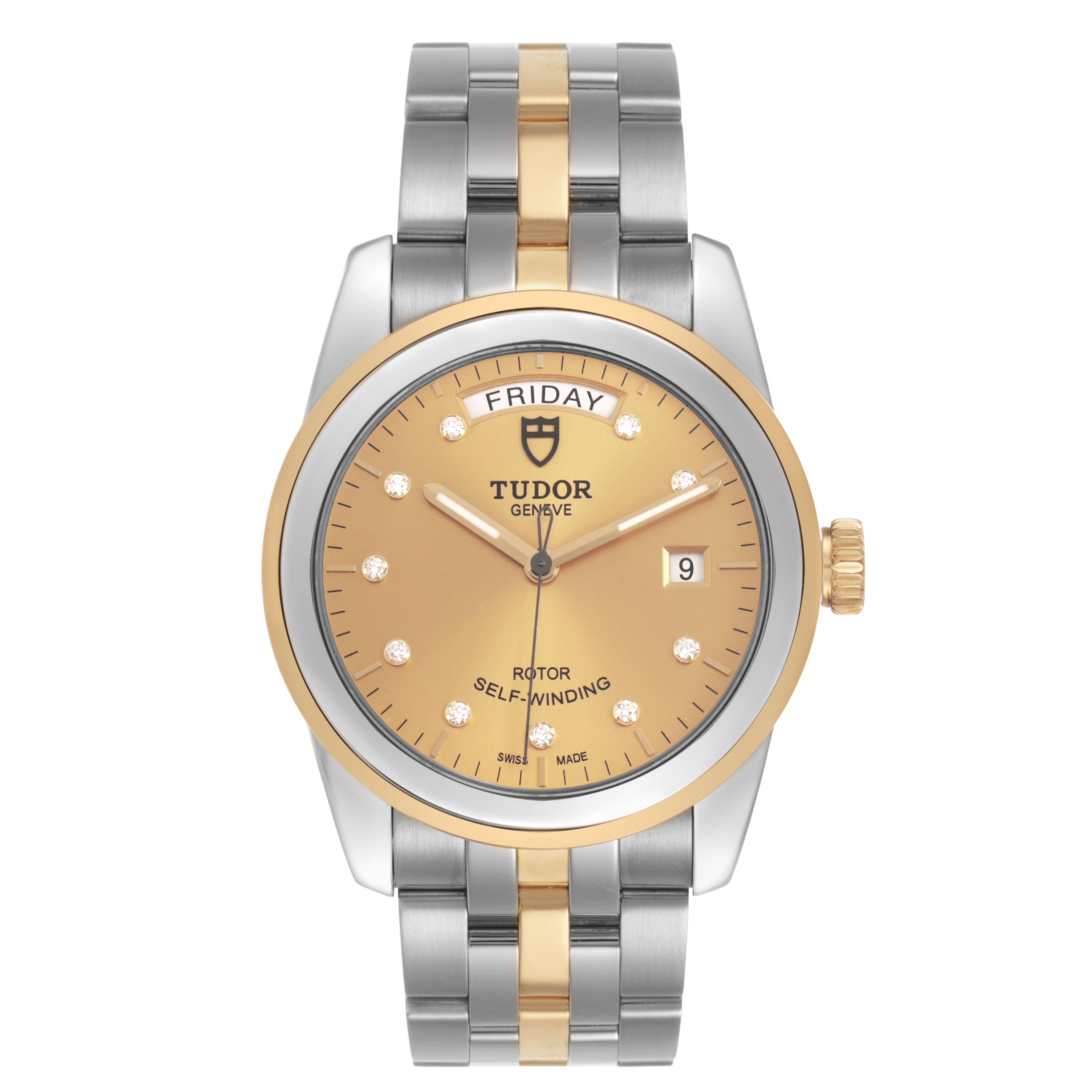 The Tudor Glamour 56003 Men's Steel and Gold (two tone) Champagne Dial model watch is shown from a front angle, displaying the dial, bracelet, and crown.