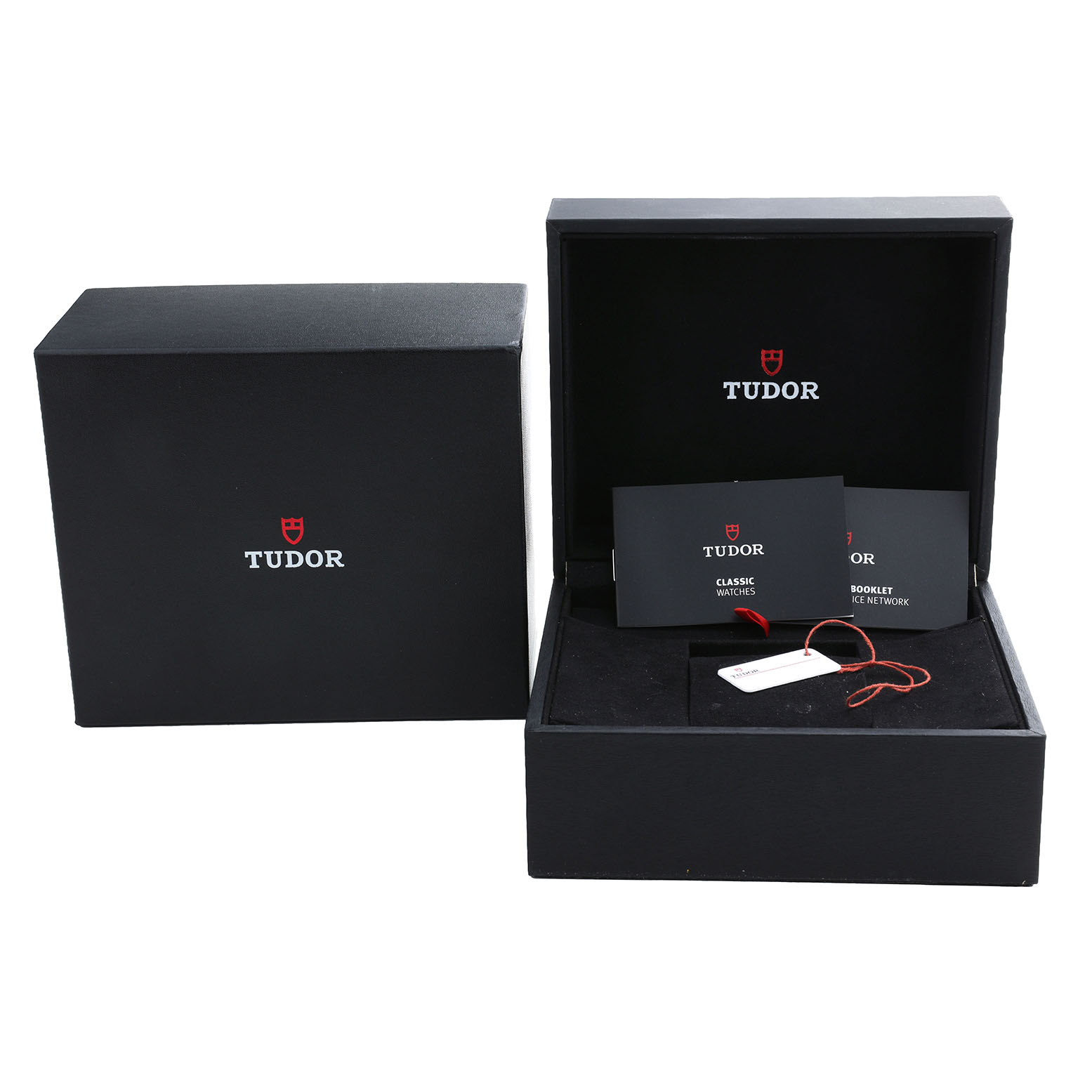 The image shows the Tudor Glamour 56003 Men's Steel and Gold (two tone) Champagne Dial model's open and closed box, displaying booklets and a tag.