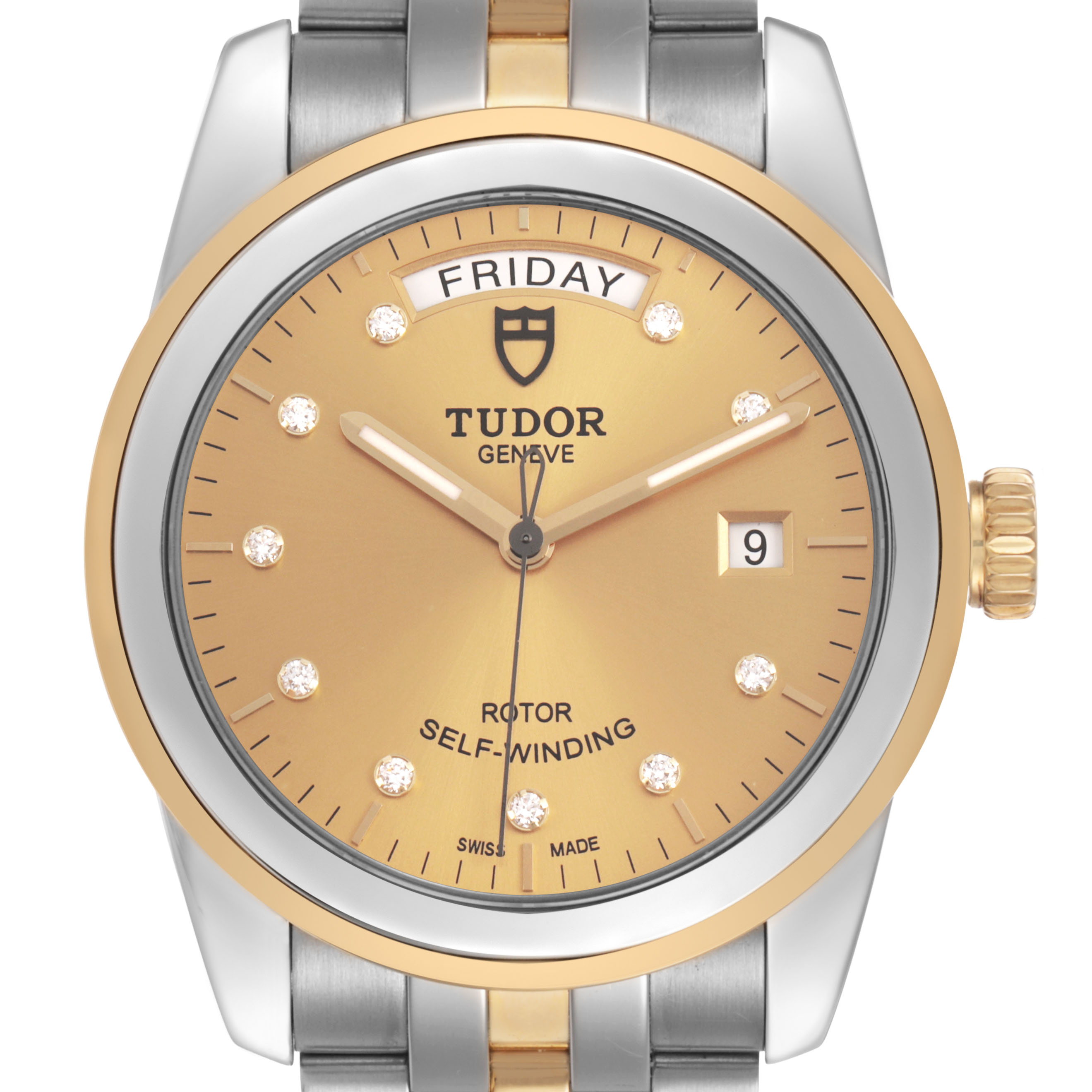 The Tudor Glamour 56003 Men's Steel and Gold (two tone) Champagne Dial watch is shown from a straight-on angle, displaying the gold-tone dial, day-date feature, and bezel.