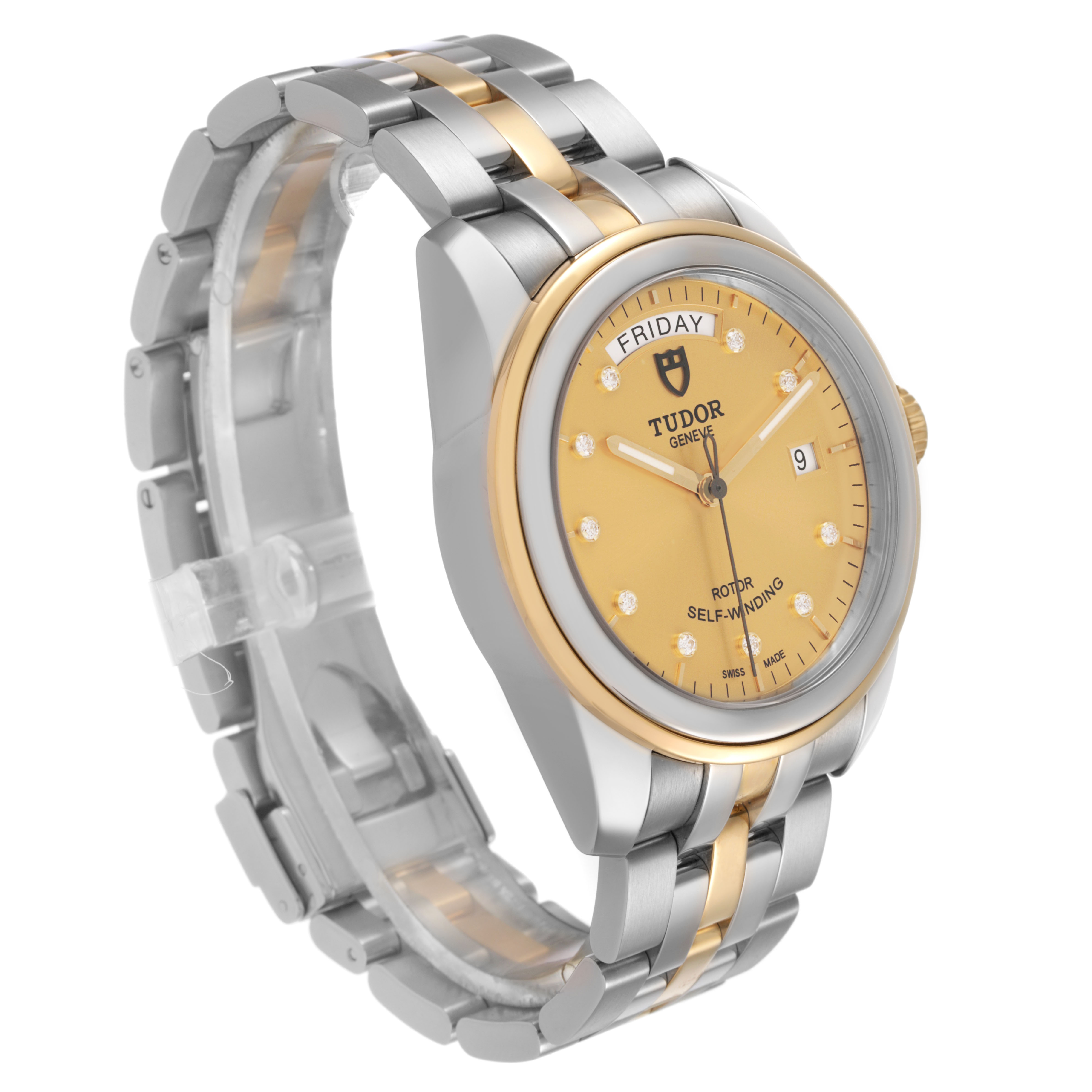 The Tudor Glamour 56003 Men's Steel and Gold (two tone) Champagne Dial watch is shown at a 3/4 angle, highlighting its face, bracelet, and side profile.