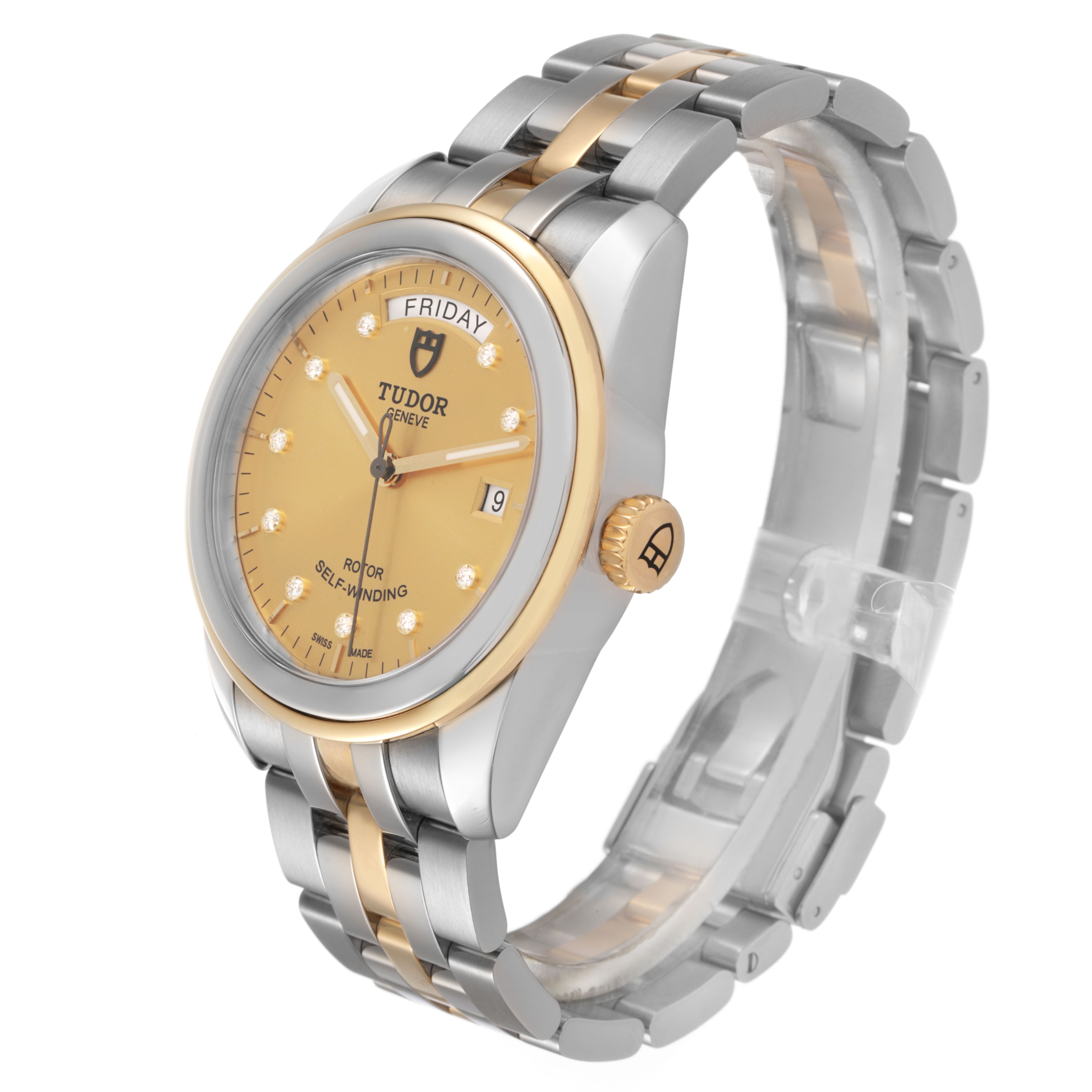 The Tudor Glamour 56003 Men's Steel and Gold (two tone) Champagne Dial model is shown at a three-quarter angle, displaying the watch face, bezel, crown, and metal bracelet.