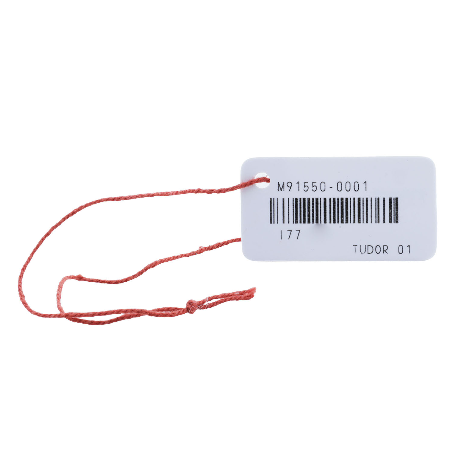 The image shows a Tudor Glamour 56003 Men's Steel and Gold (two tone) Champagne Dial model tag with a barcode and string, indicating it's an accessory label.
