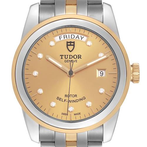 The Tudor Glamour 56003 Men's Steel and Gold (two tone) Champagne Dial watch is shown from the front, displaying the face, bezel, and part of the bracelet.