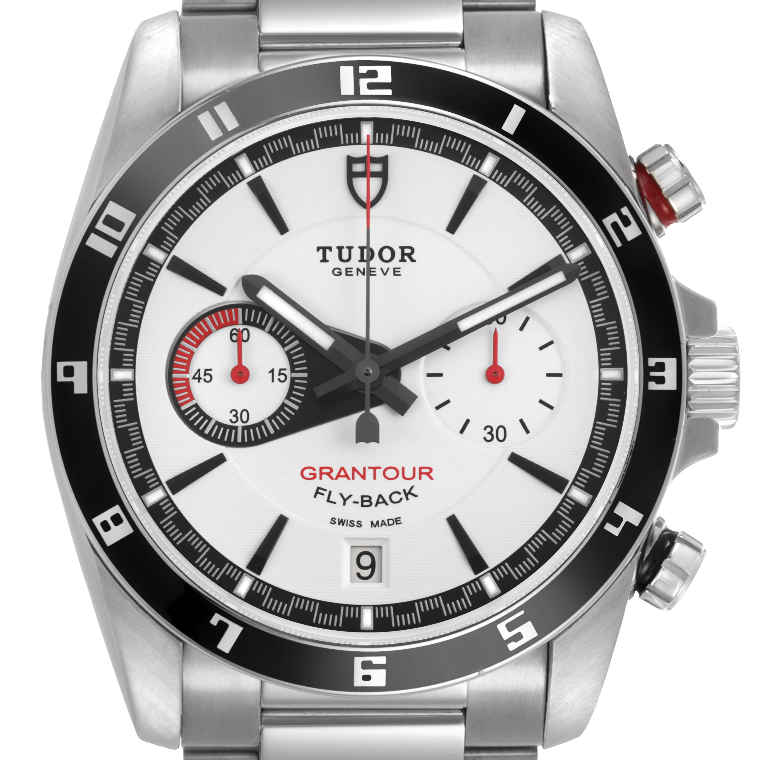 The image shows a front view of the Tudor Grantour Fly-Back watch, highlighting the bezel, dial, and chronograph subdials.