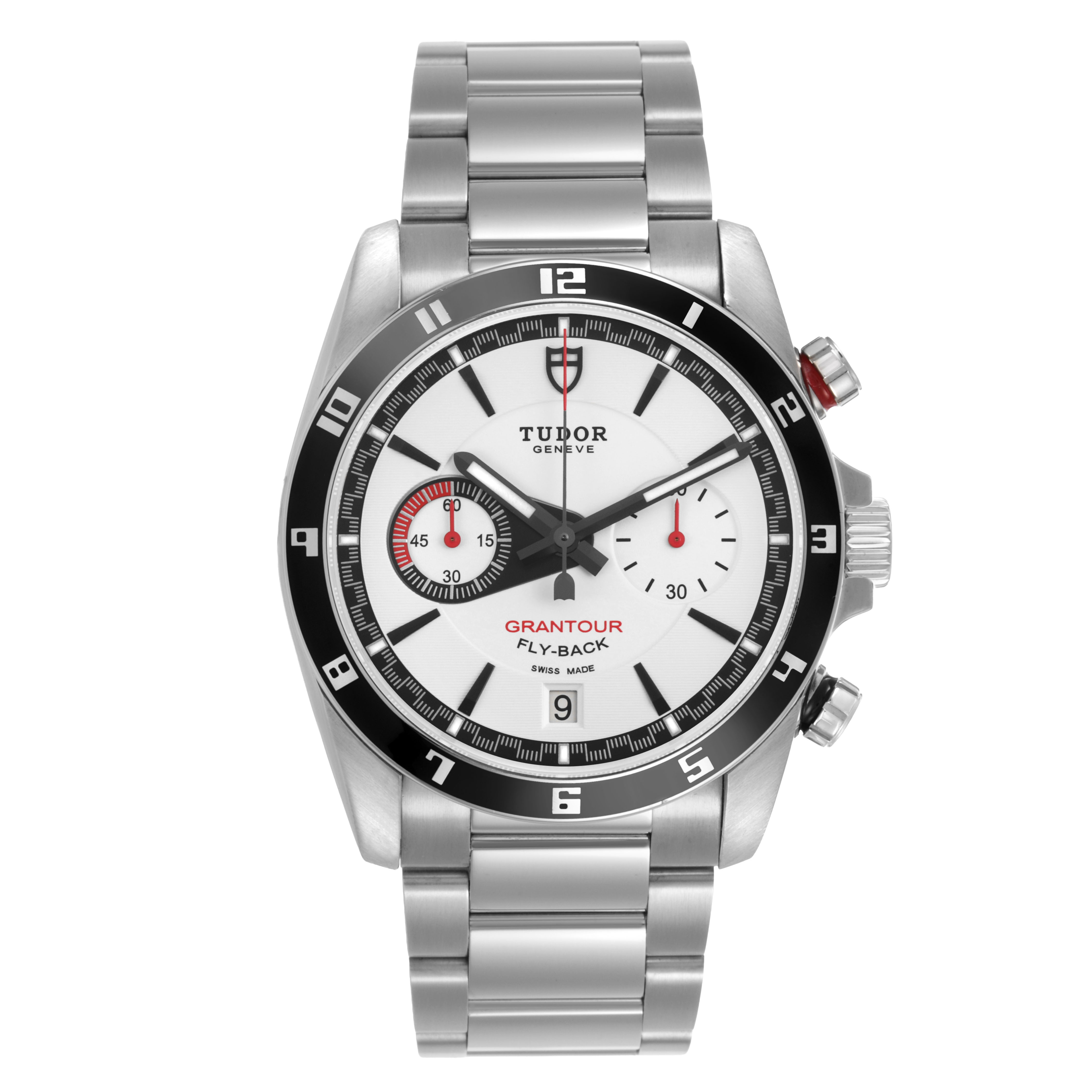 The Tudor Glamour 20550N-95730 Men's Stainless Steel White Dial watch is shown from a top-down angle, displaying the face, bezel, and metal bracelet.