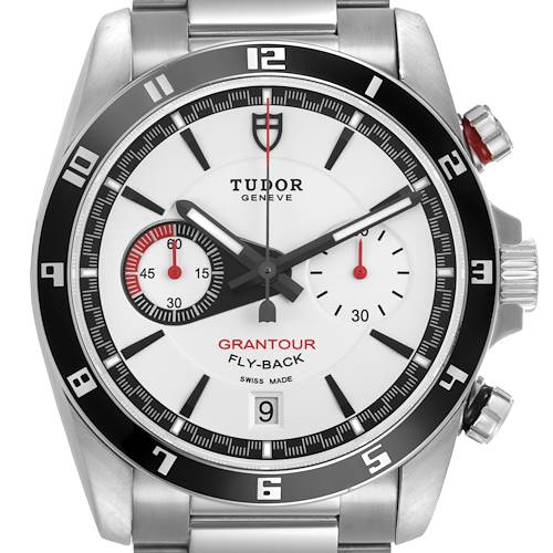 The watch is shown from the front, displaying the Tudor Glamour 20550N-95730 Men's Stainless Steel White Dial model's dial, bezel, and case with visible pushers and crown.