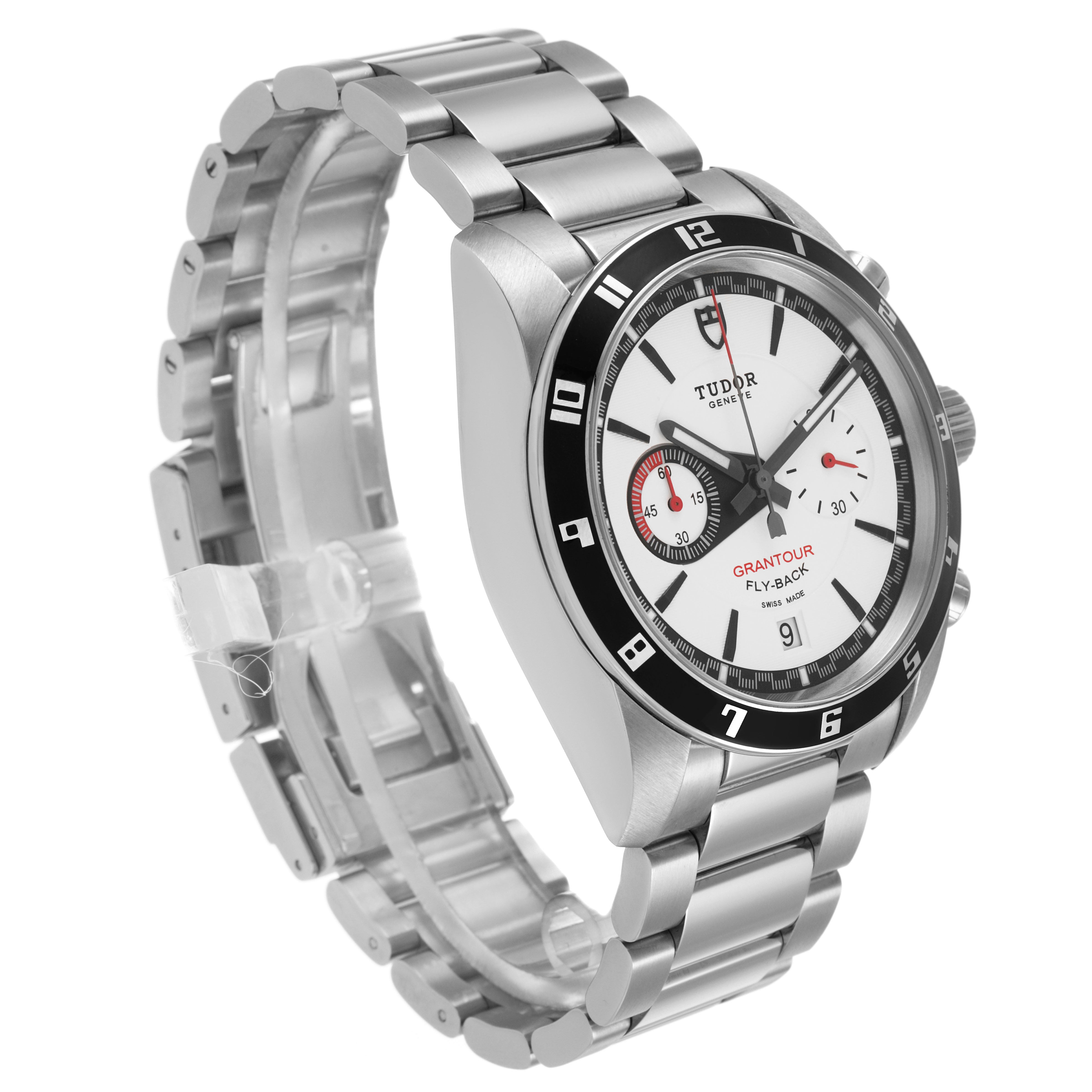 The Tudor Glamour 20550N-95730 Men's Stainless Steel White Dial model is shown at a three-quarter angle, displaying the face, bezel, and bracelet.