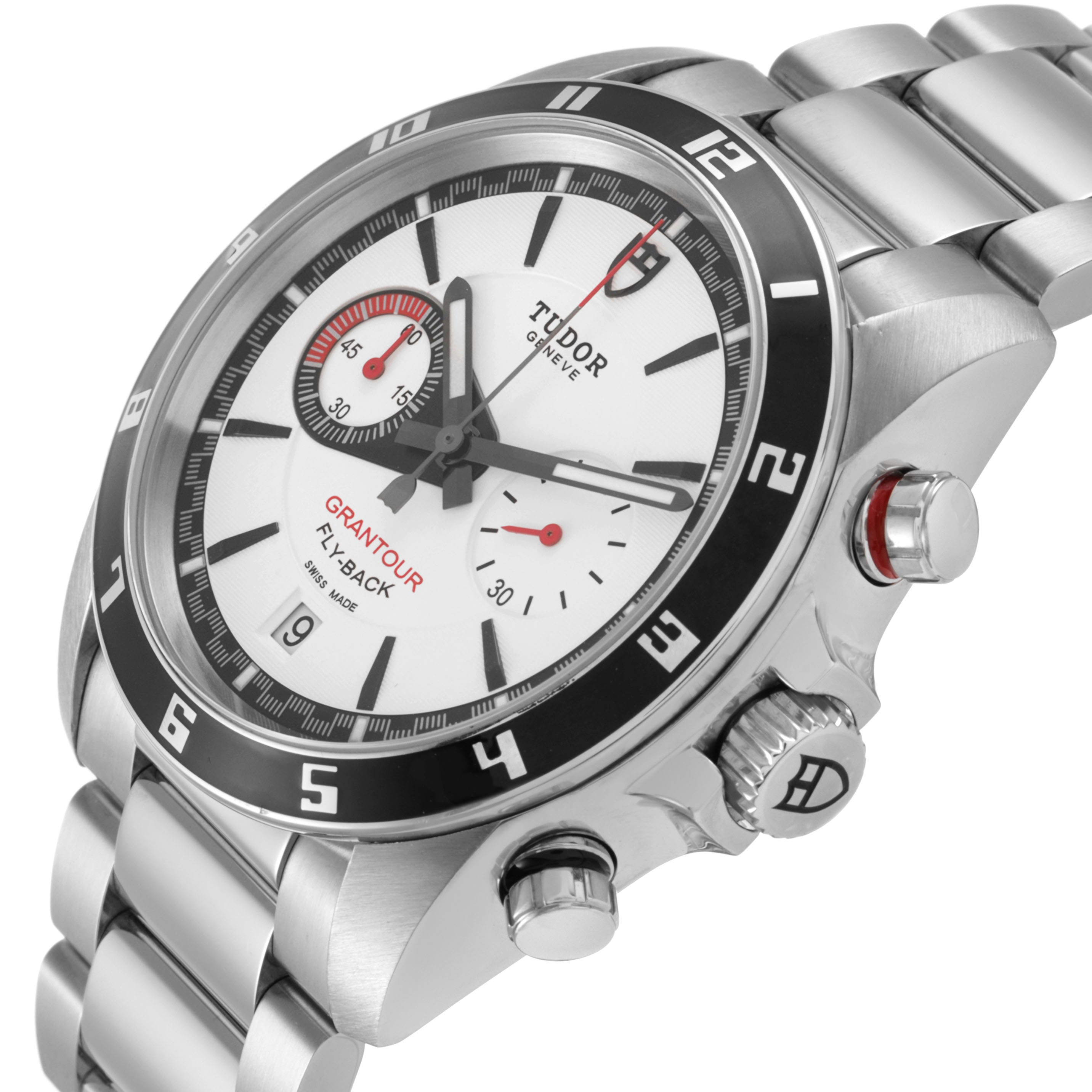 The Tudor Glamour 20550N-95730 Men's Stainless Steel White Dial watch is shown at an angle highlighting the face, bezel, and side pushers.
