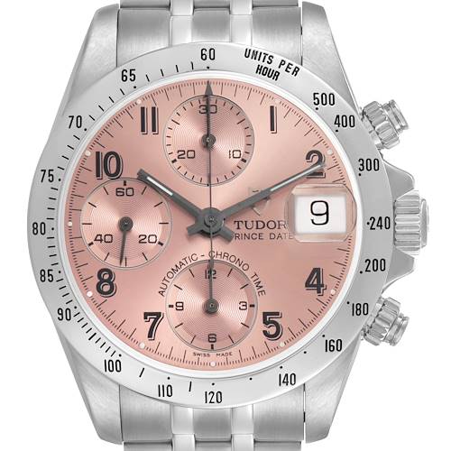 The Tudor Prince 79280 Men's Stainless Steel Pink Dial watch is shown from the front, highlighting its dial, bezel, and crown.