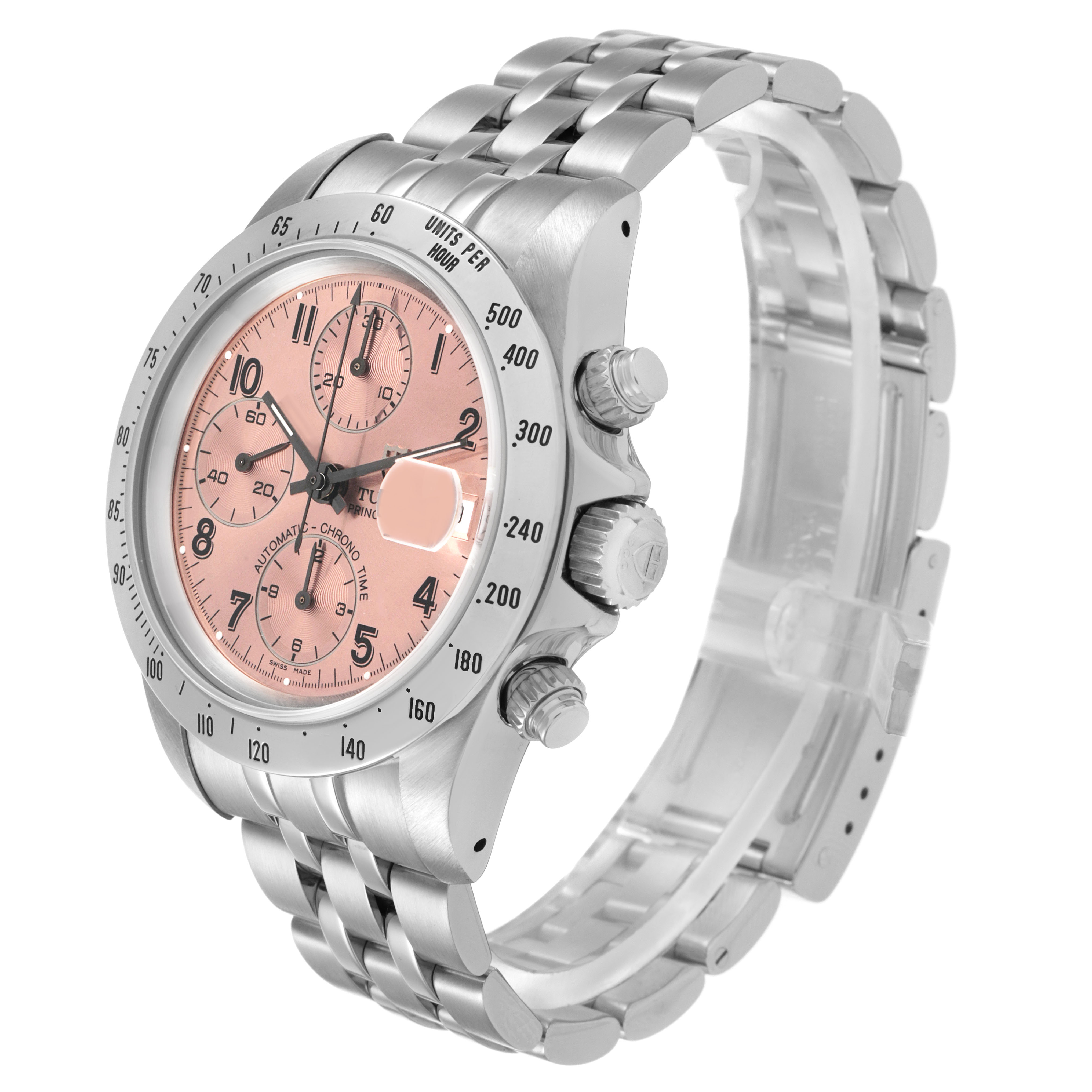 The Tudor Prince 79280 Men's Stainless Steel Pink Dial watch is shown at a three-quarter angle, highlighting its pink dial, bezel, pushers, and bracelet.