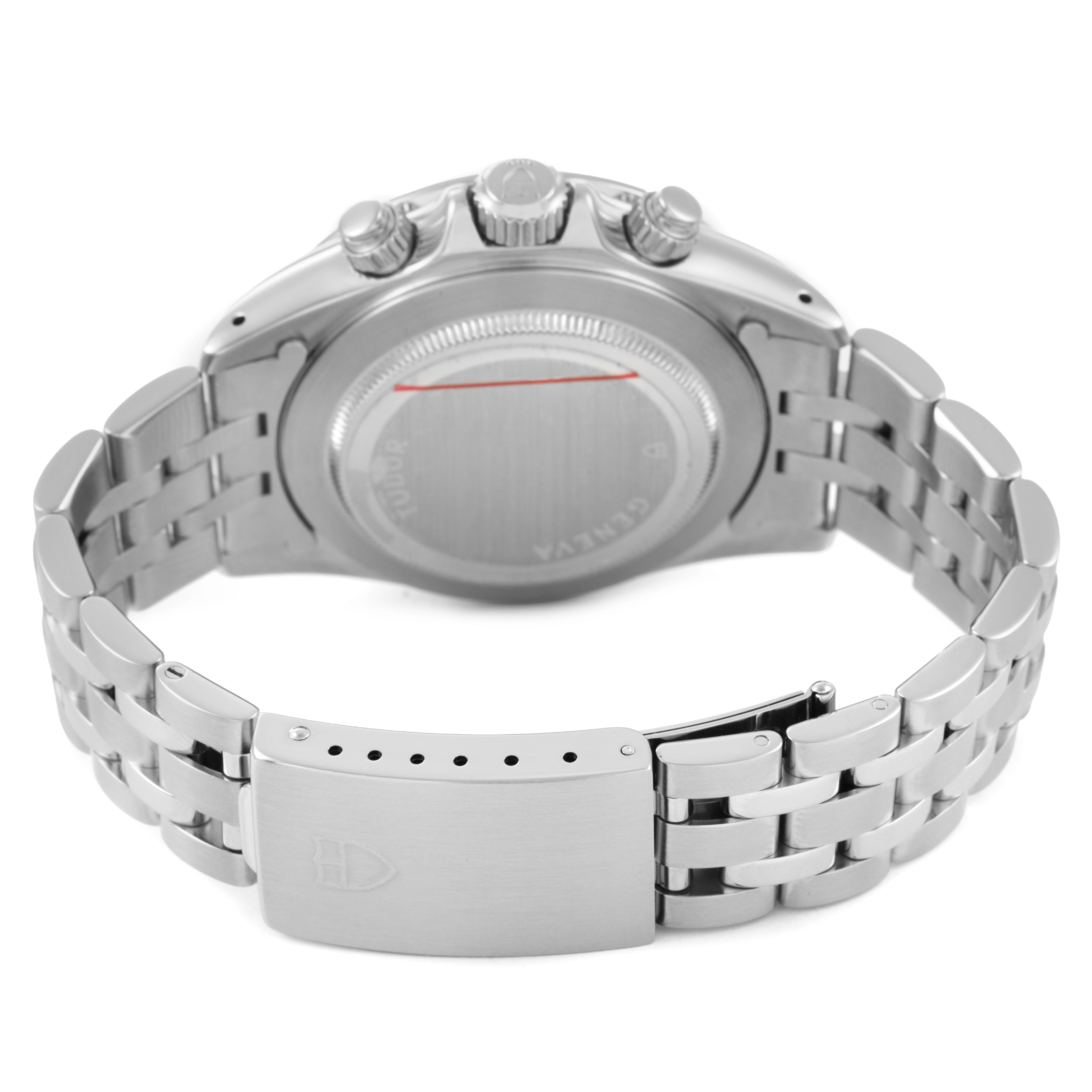 The Tudor Prince 79280 Men's Stainless Steel Pink Dial watch is shown from the back, highlighting the bracelet, clasp, and case back with visible engravings and pushers.