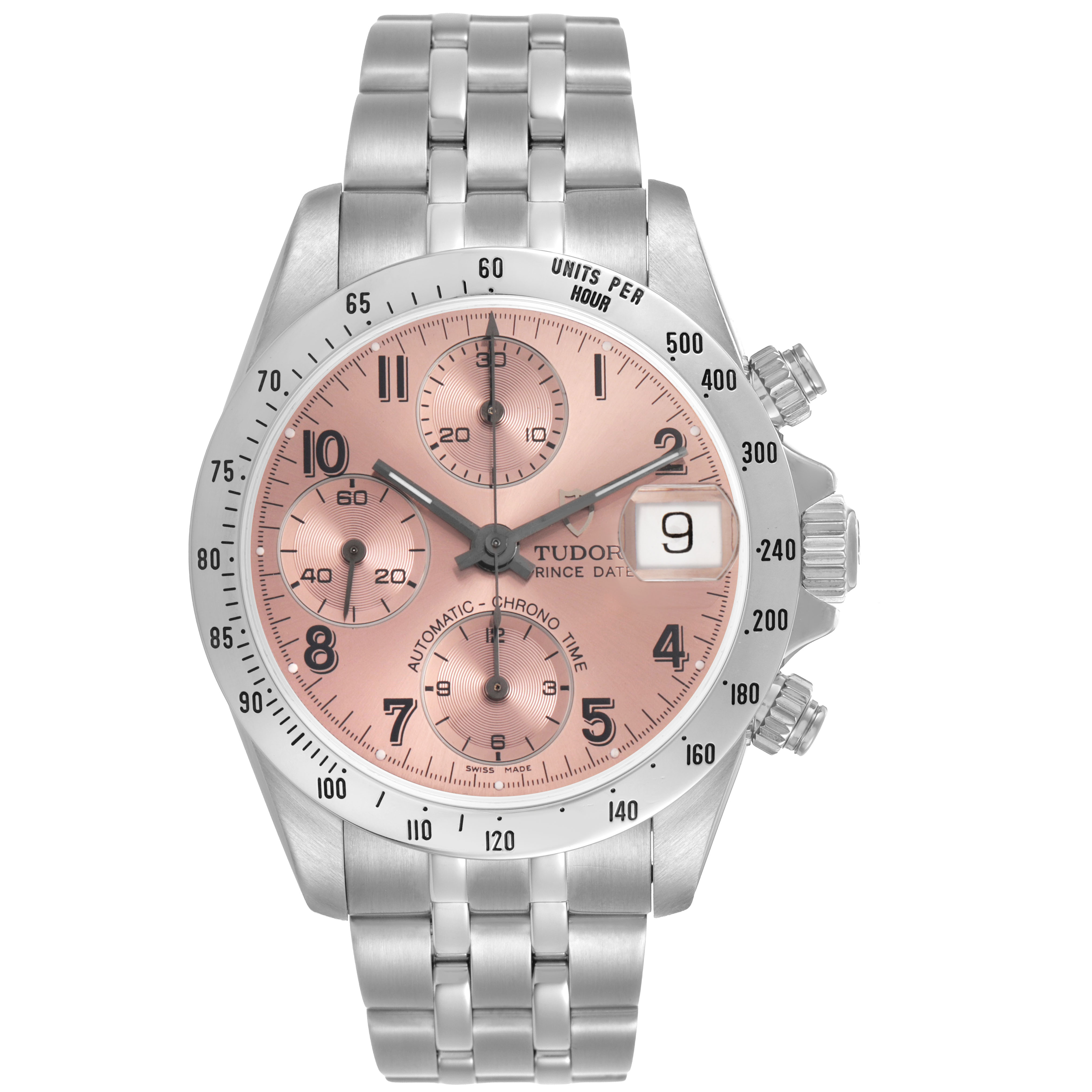 The Tudor Prince 79280 Men's Stainless Steel Pink Dial watch is shown from the front, highlighting the dial, bracelet, crown, and pushers.