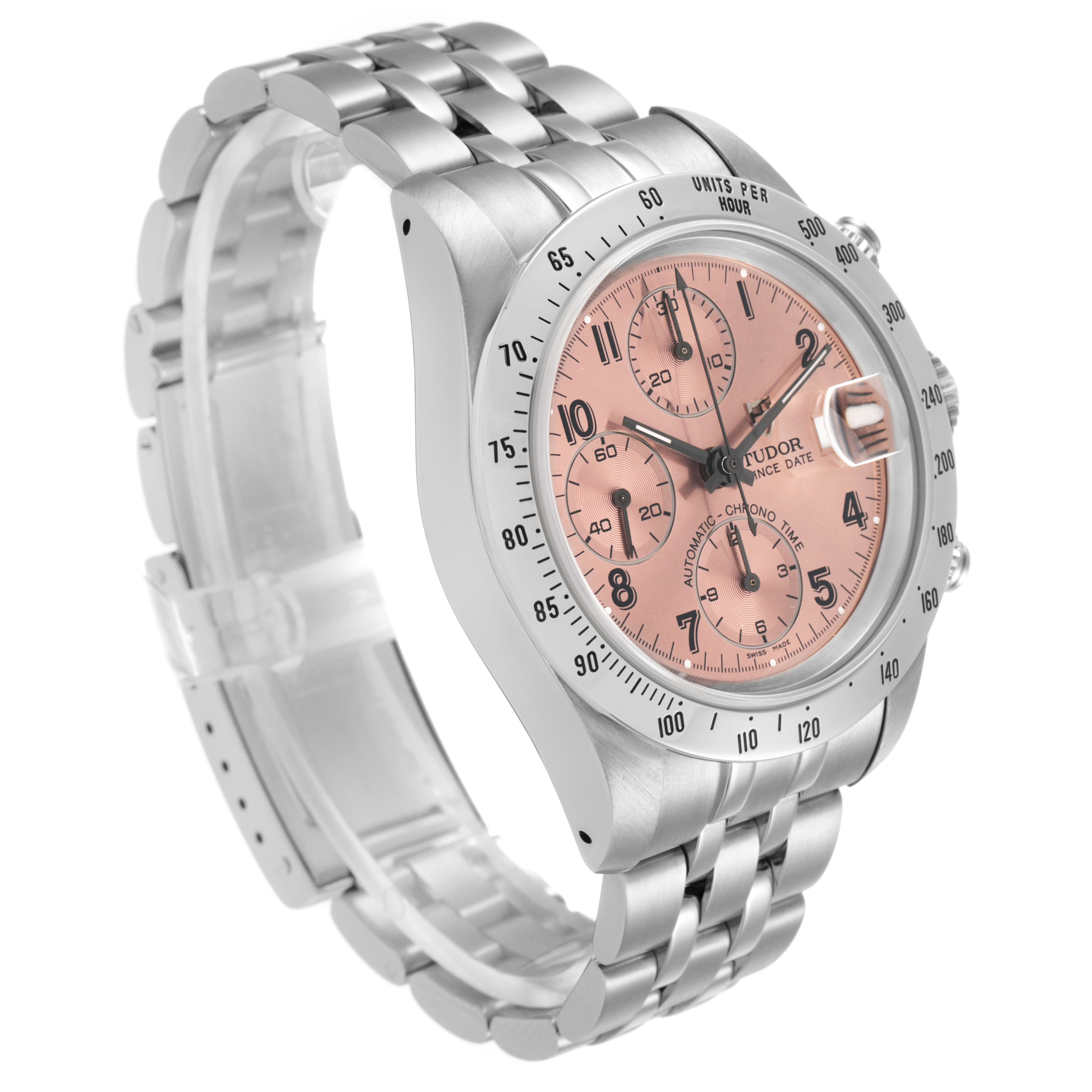 The Tudor Prince 79280 Men's Stainless Steel Pink Dial watch is shown at a three-quarter angle, displaying its pink dial, bezel, and metal bracelet.