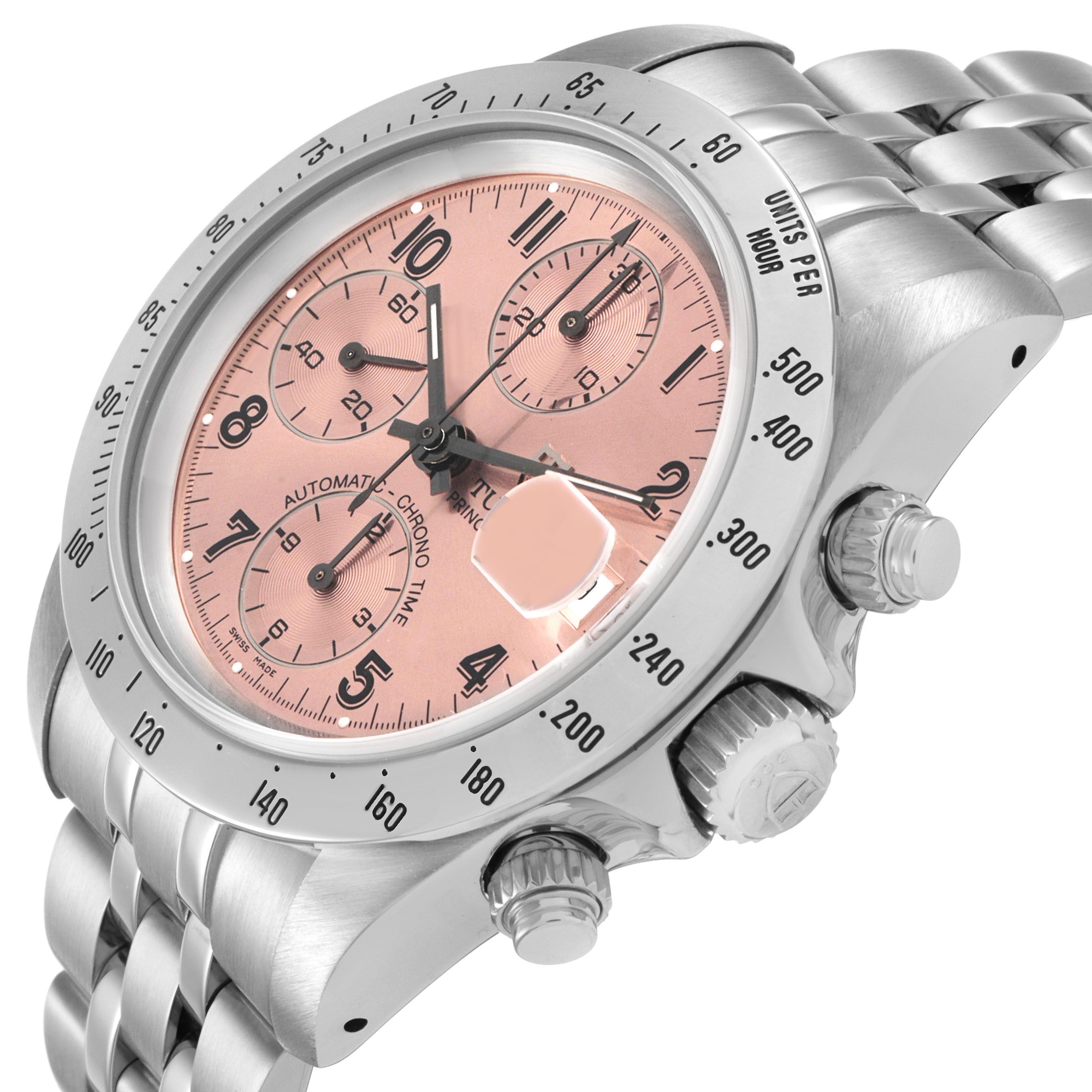 The Tudor Prince 79280 Men's Stainless Steel Pink Dial watch is shown at an angled view highlighting the dial, bezel, crown, and chronograph pushers.