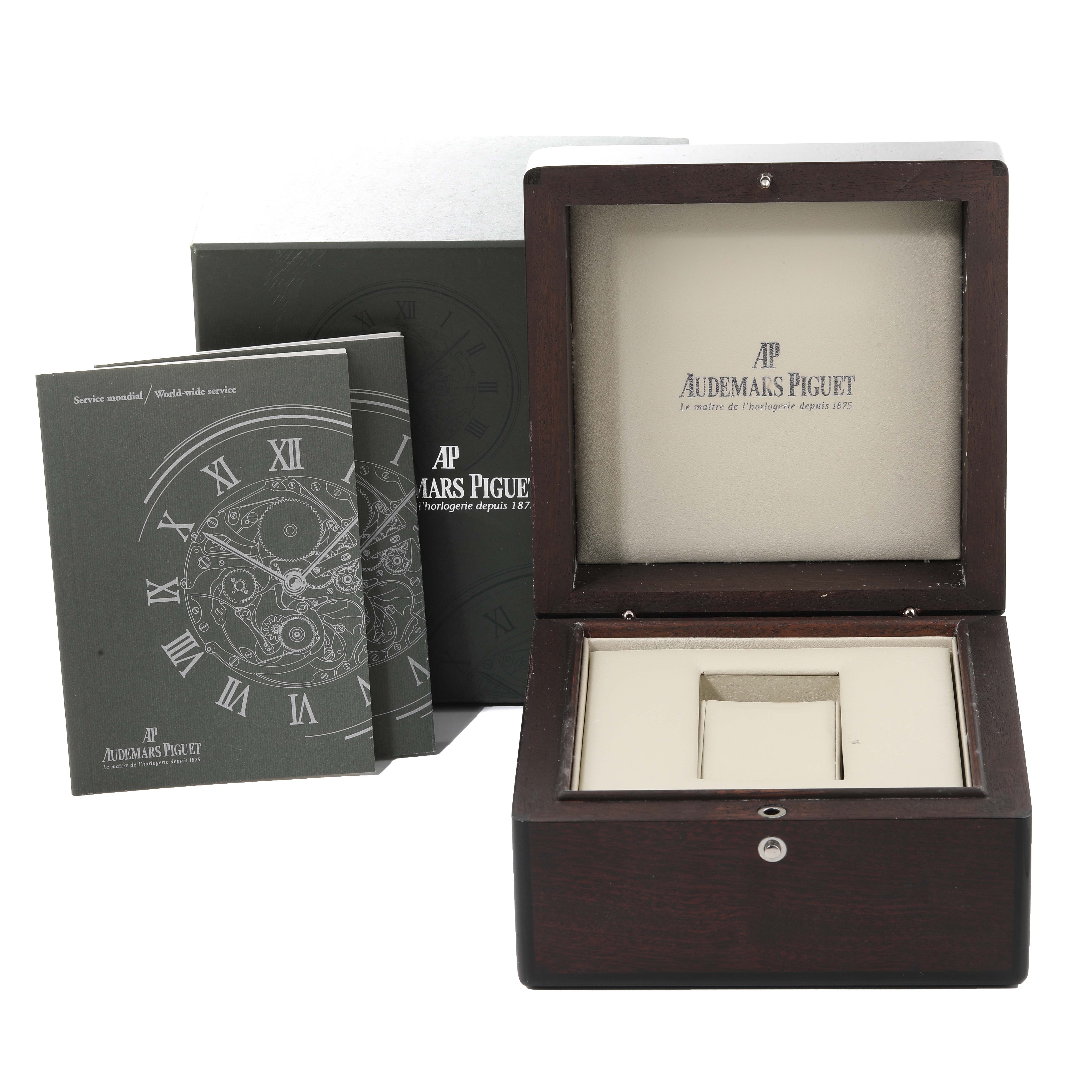 The image shows the box and manuals of the Audemars Piguet Royal Oak 14790ST.OO.0789ST.08 Men's Stainless Steel Blue Dial 14790ST.OO.0789ST.08 Men's Stainless Steel Blue Dial watch, photographed from the front.