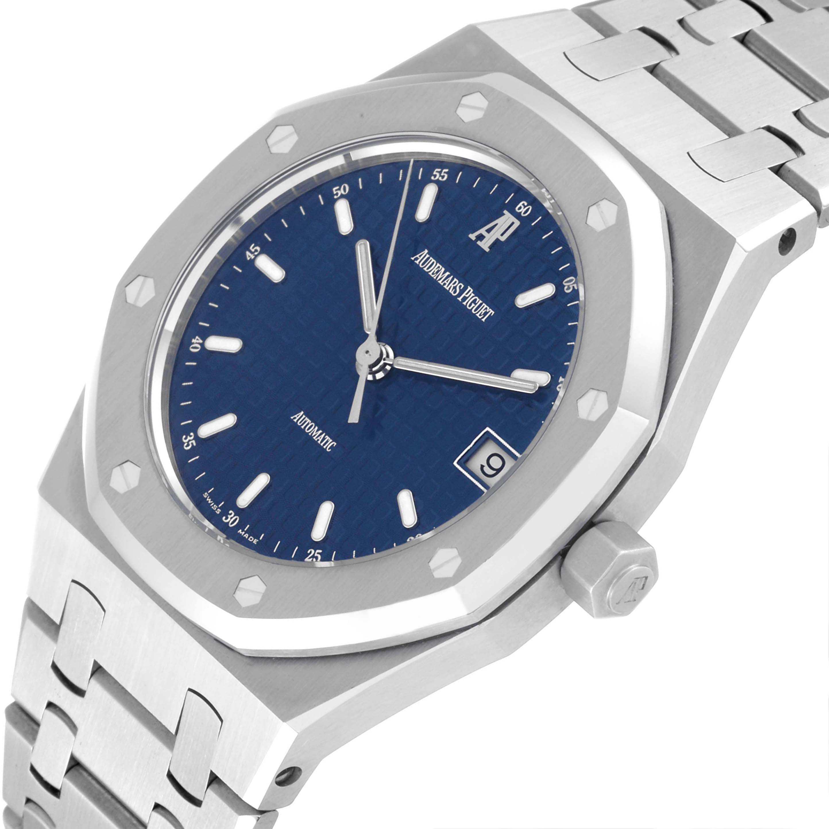 The image shows an angled view of the front dial and a portion of the bracelet of the Audemars Piguet Royal Oak 14790ST.OO.0789ST.08 Men's Stainless Steel Blue Dial 14790ST.OO.0789ST.08 Men's Stainless Steel Blue Dial watch.