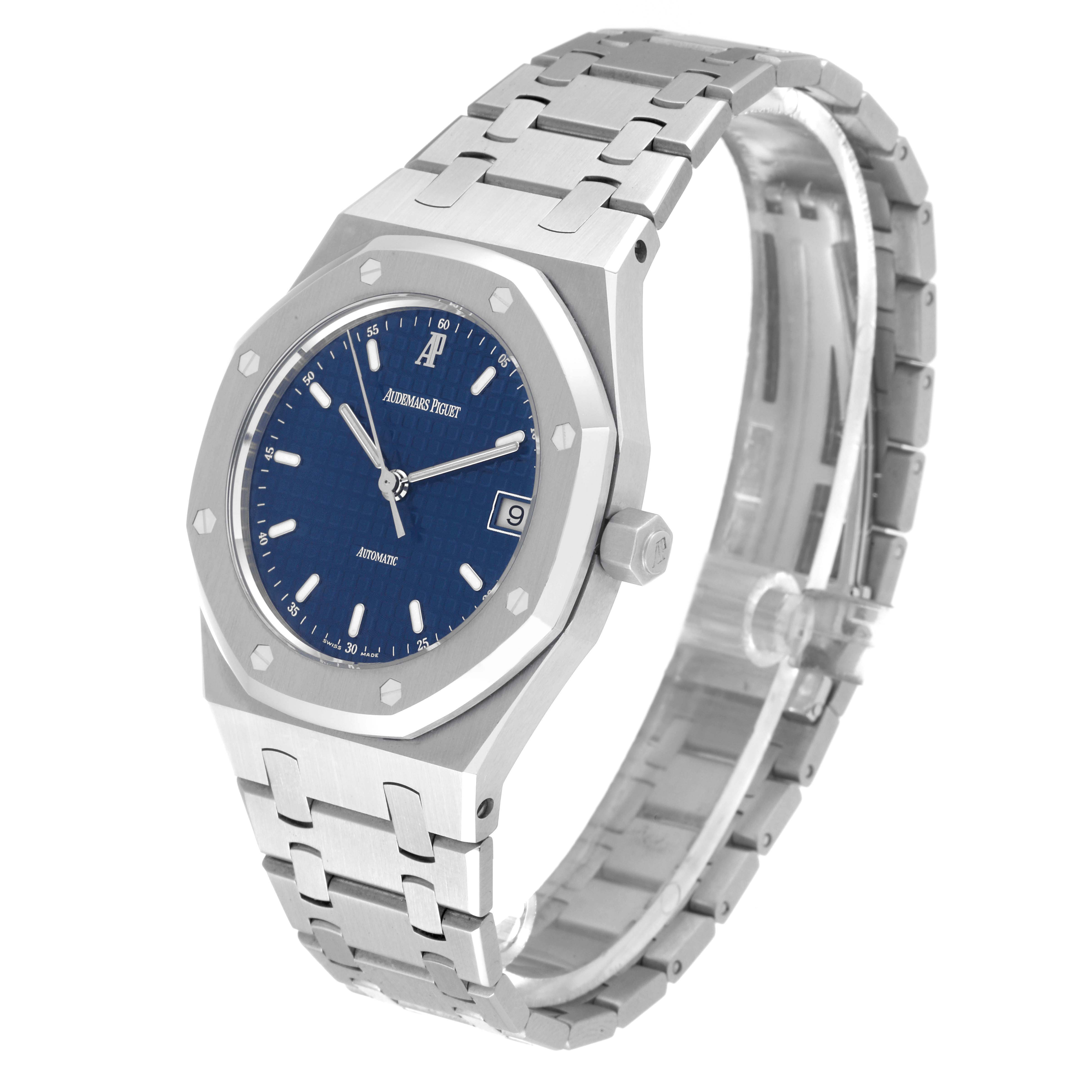This image shows the Audemars Piguet Royal Oak 14790ST.OO.0789ST.08 Men's Stainless Steel Blue Dial 14790ST.OO.0789ST.08 Men's Stainless Steel Blue Dial watch from an angled side view, highlighting the face, bezel, and metal bracelet.