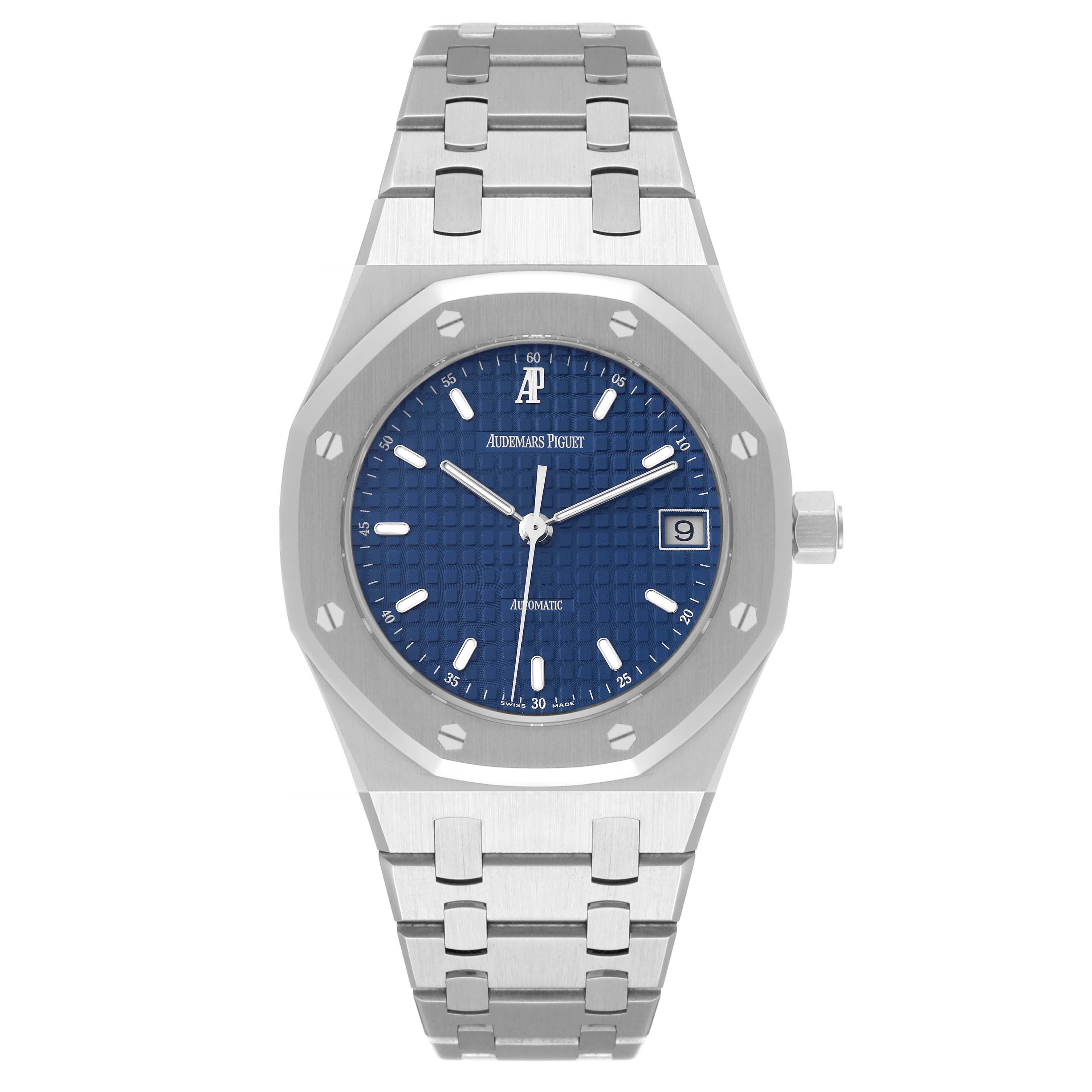 The image shows a front view of an Audemars Piguet Royal Oak 14790ST.OO.0789ST.08 Men's Stainless Steel Blue Dial 14790ST.OO.0789ST.08 Men's Stainless Steel Blue Dial watch, displaying its blue dial, octagonal bezel, and stainless steel bracelet.
