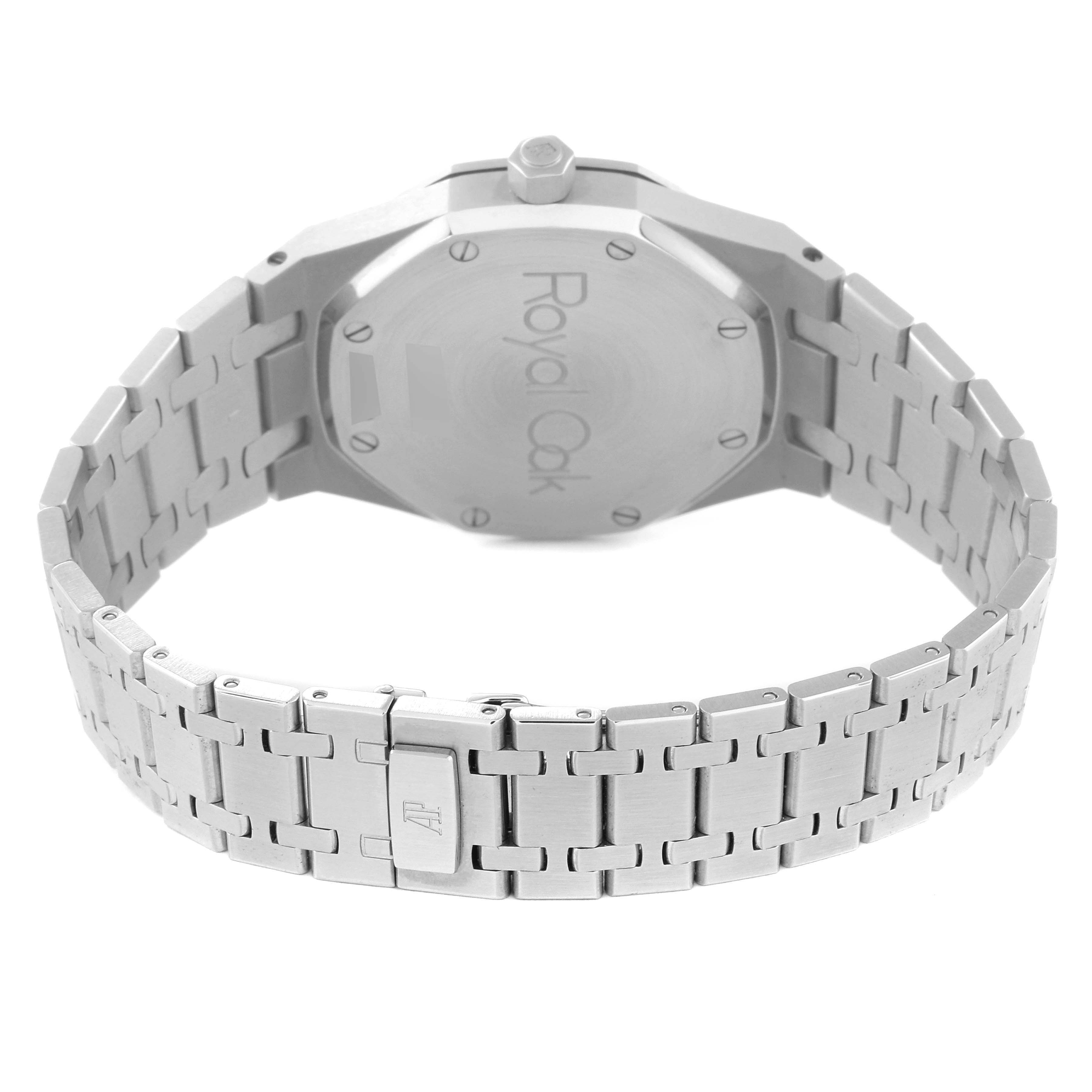 This image shows the back case and metal bracelet of the Royal Oak model by Audemars Piguet from a rear angle.