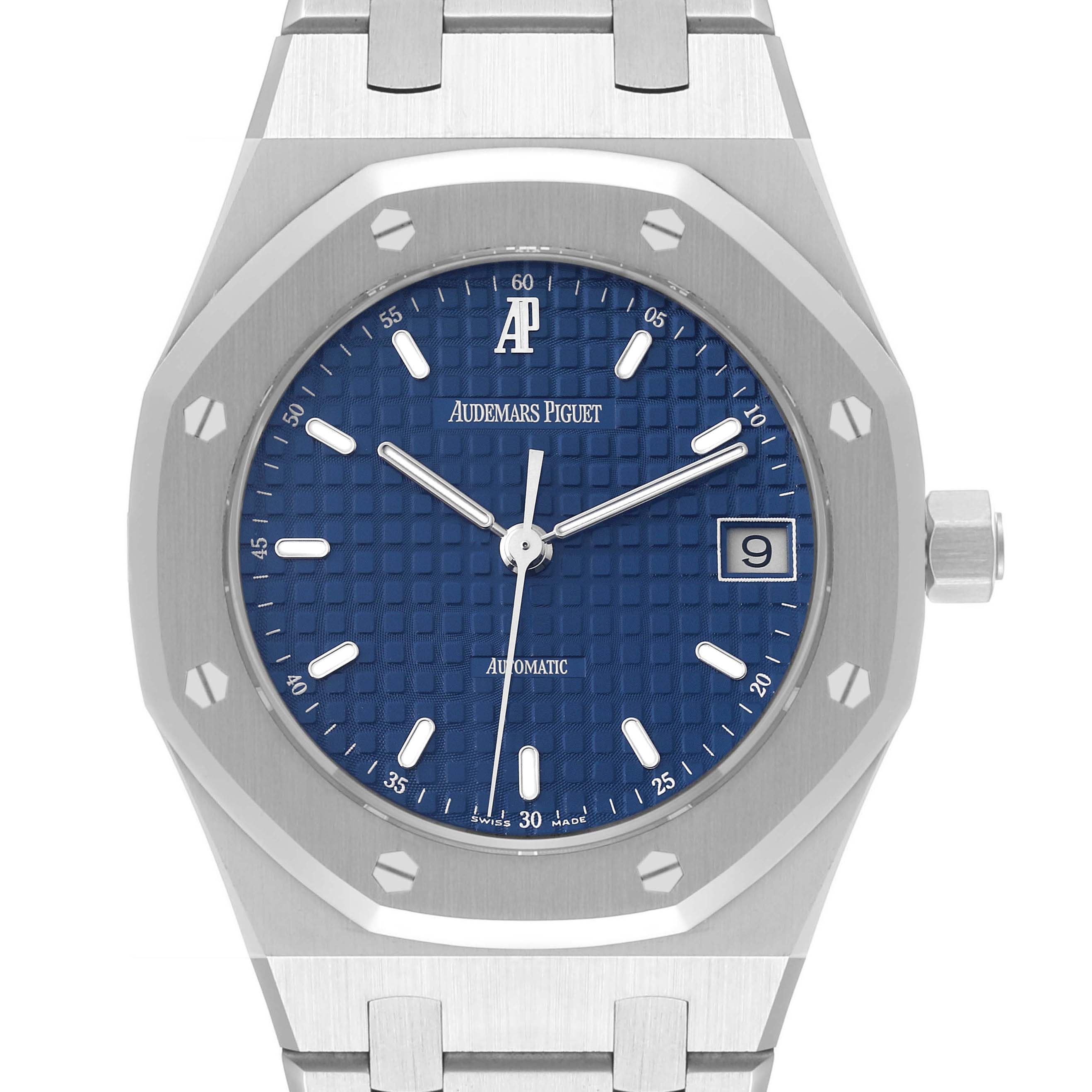 The image shows a front view of an Audemars Piguet Royal Oak 14790ST.OO.0789ST.08 Men's Stainless Steel Blue Dial 14790ST.OO.0789ST.08 Men's Stainless Steel Blue Dial watch, highlighting its dial, bezel, and part of the bracelet.