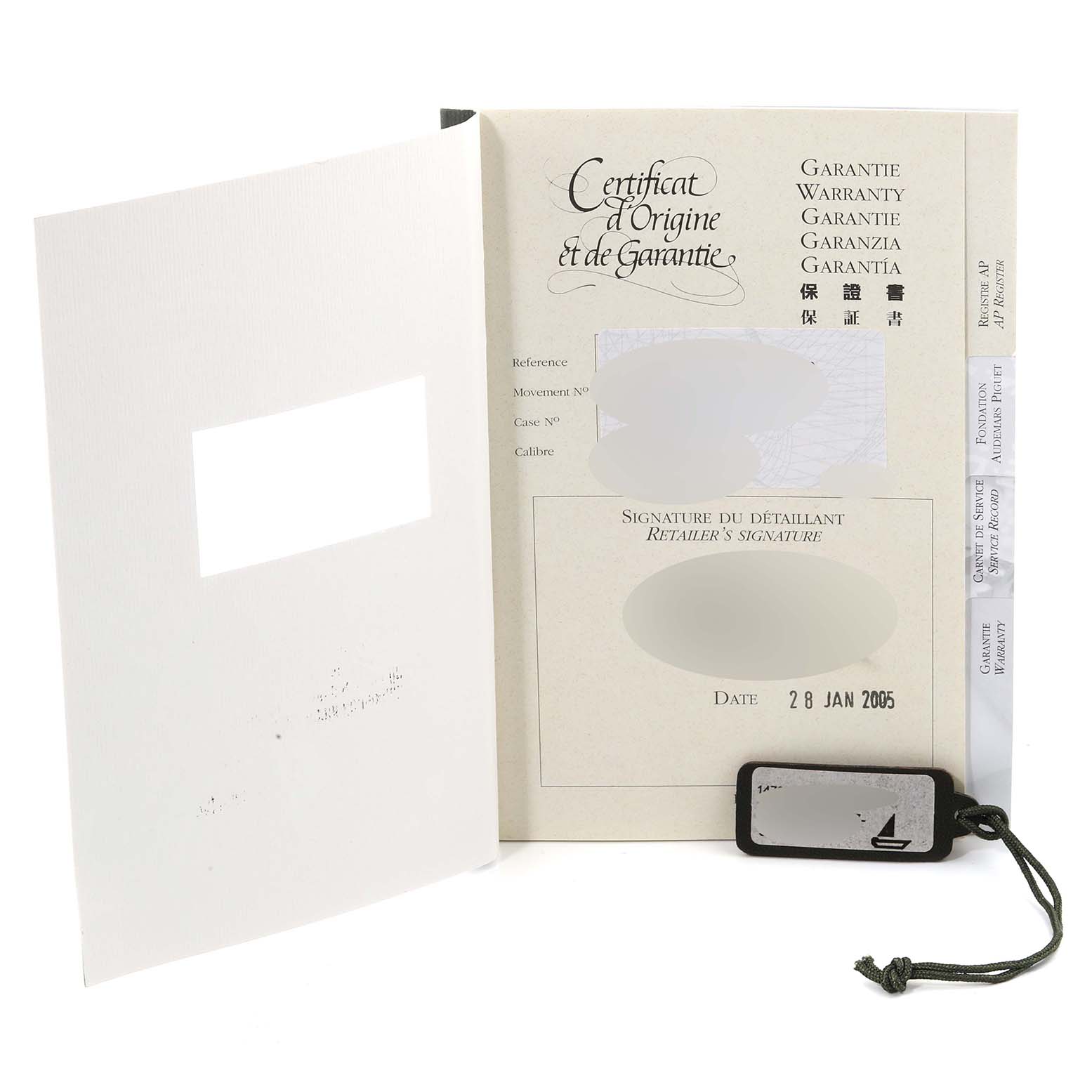 This image shows the warranty certificate and tag for the Audemars Piguet Royal Oak 14790ST.OO.0789ST.08 Men's Stainless Steel Blue Dial 14790ST.OO.0789ST.08 Men's Stainless Steel Blue Dial model, dated January 28, 2005.