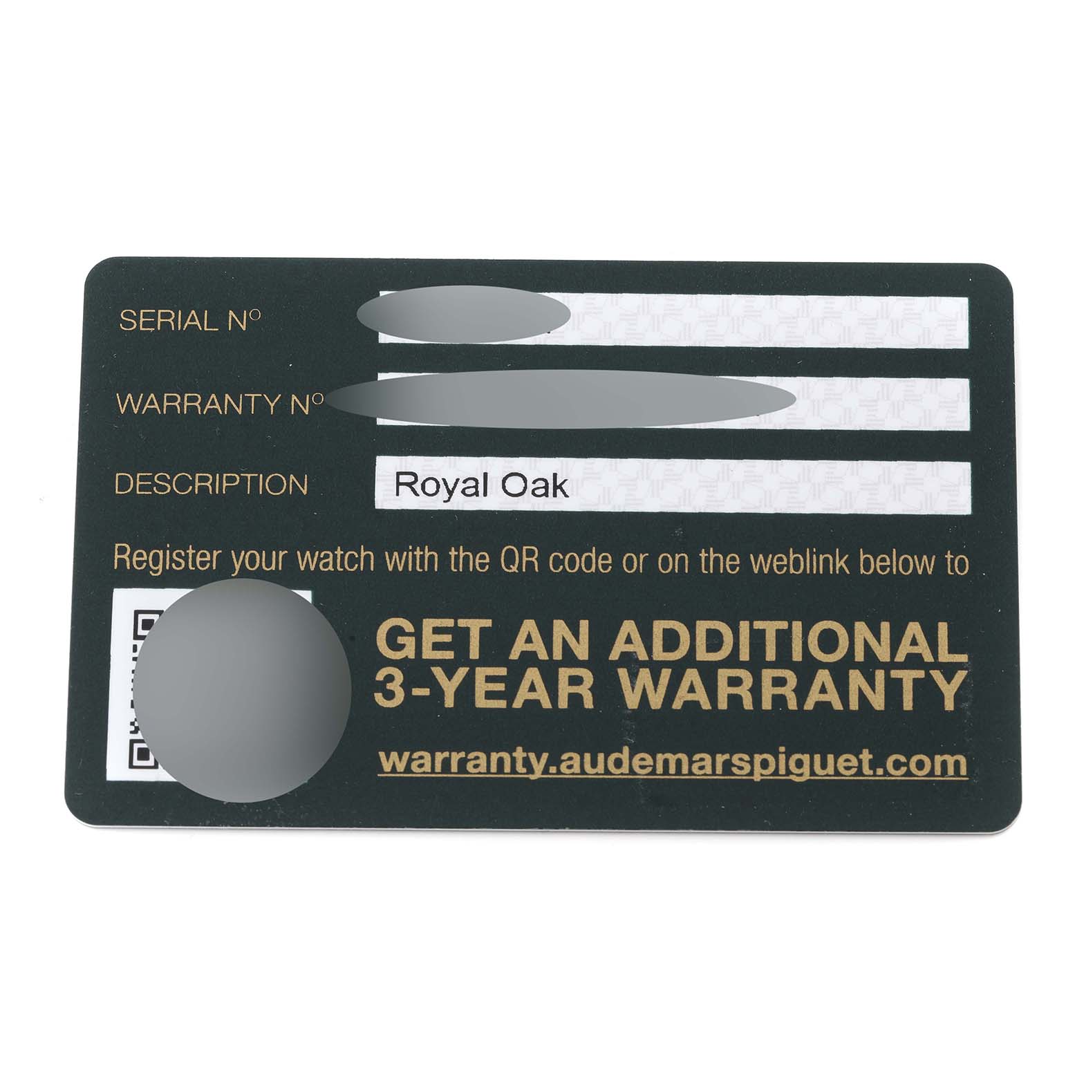 This image shows a warranty card for the Royal Oak watch model by Audemars Piguet.