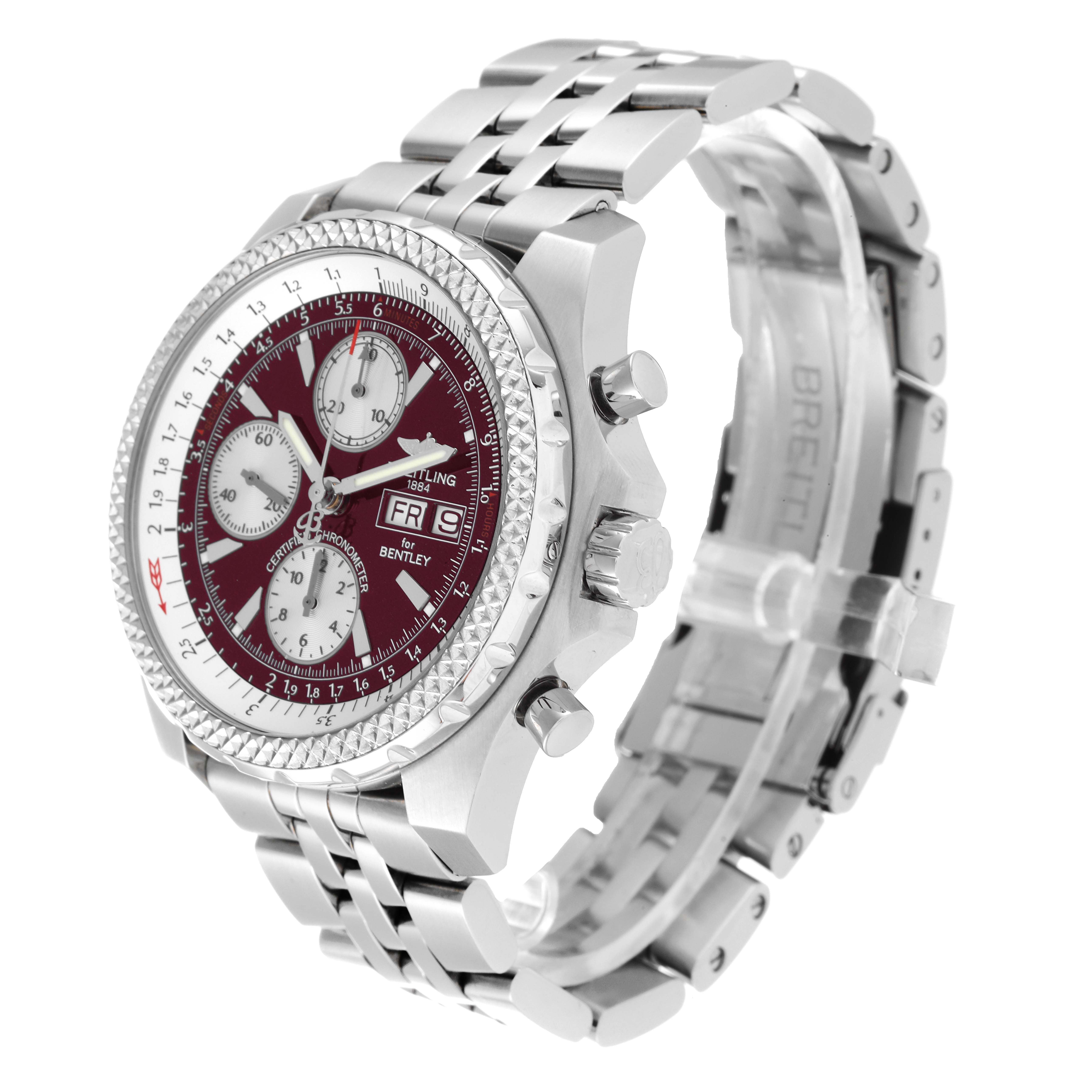 The image shows a Breitling Bentley A13363 Men's Stainless Steel Burgundy Dial A13363 Men's Stainless Steel Burgundy Dial watch from a front-left angle, highlighting its dial, bezel, and metal bracelet.