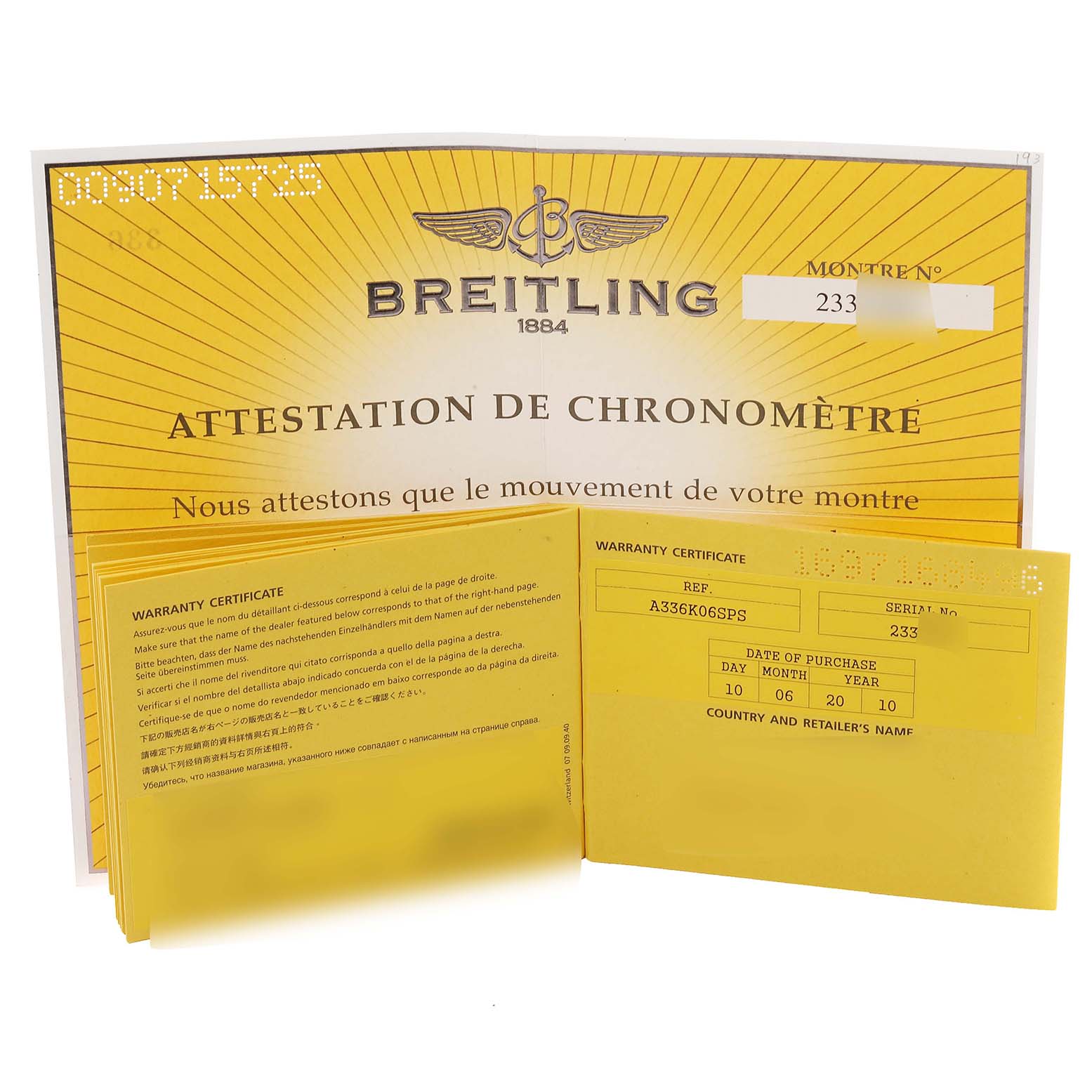 The image shows the warranty certificate and attestation de chronomètre for a Bentley model by Breitling.
