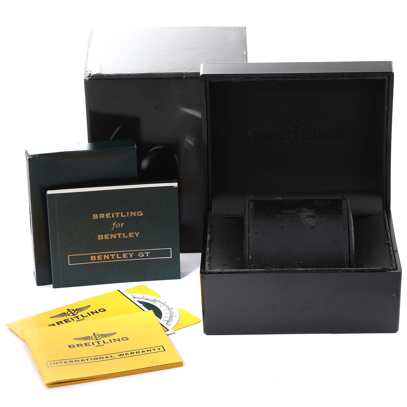 The image shows the packaging, manuals, and warranty card for the Breitling Bentley A13363 Men's Stainless Steel Burgundy Dial A13363 Men's Stainless Steel Burgundy Dial model watch.