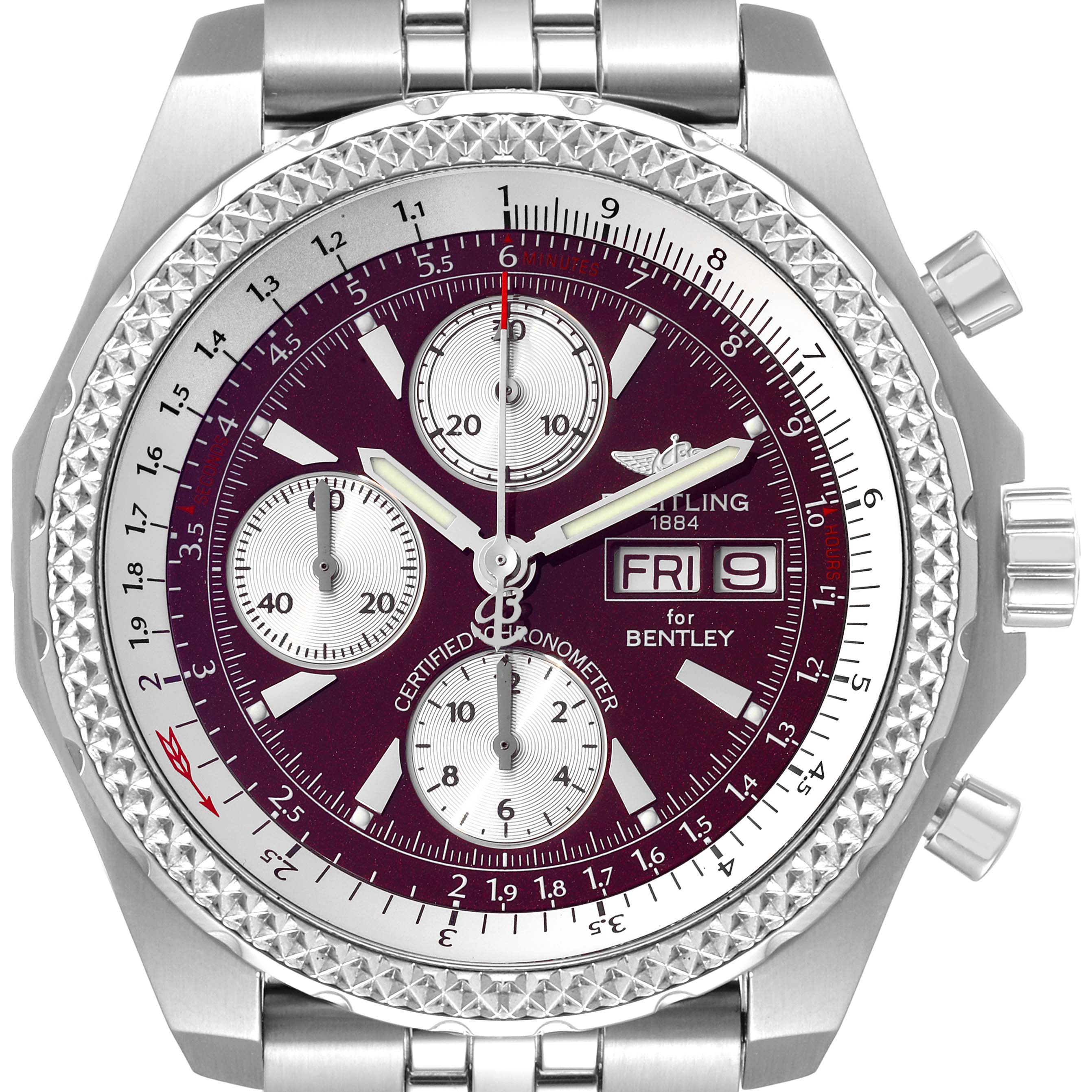 The image shows a front view of the Breitling Bentley A13363 Men's Stainless Steel Burgundy Dial A13363 Men's Stainless Steel Burgundy Dial watch, highlighting the dial, bezel, crown, and pushers.