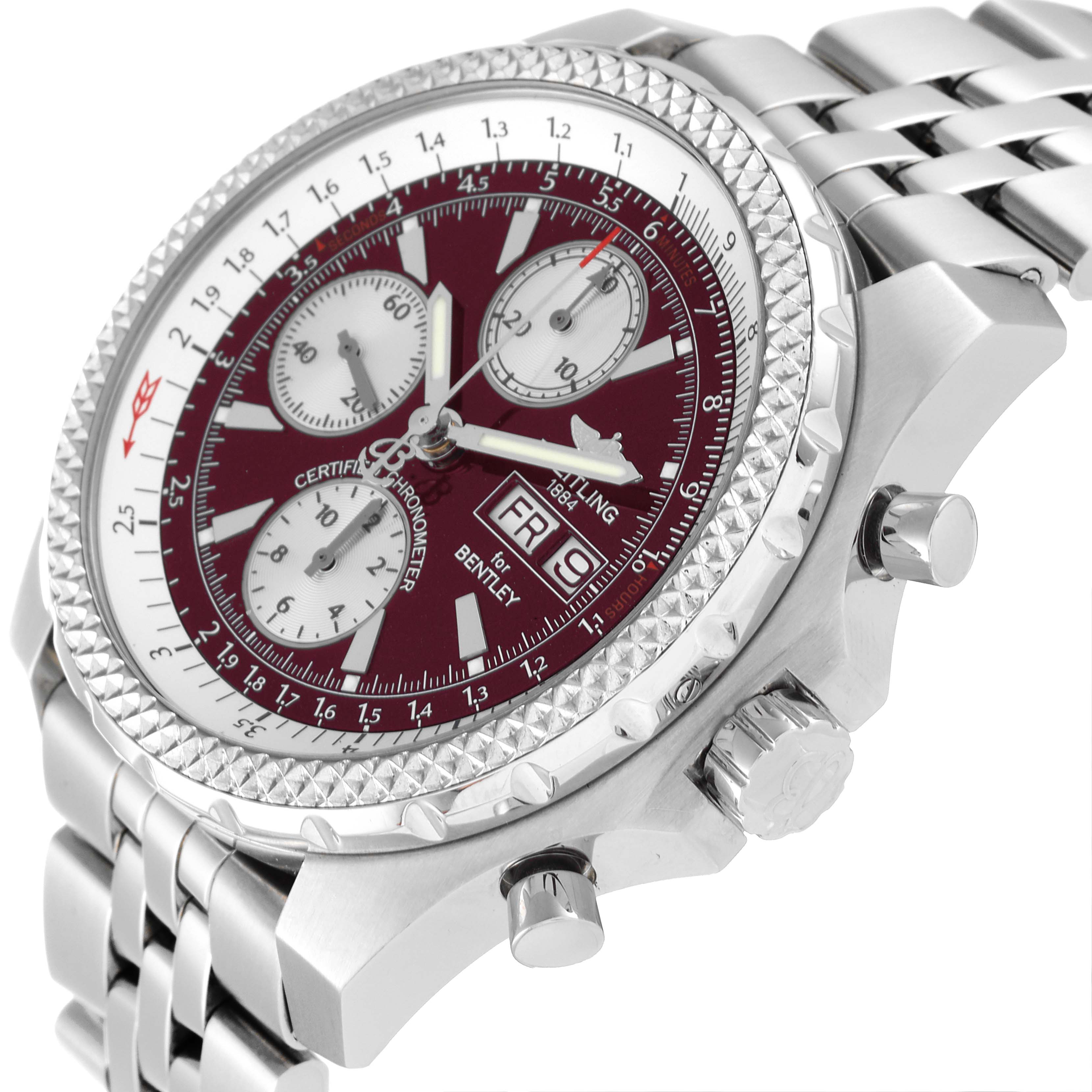 This image shows the Breitling Bentley A13363 Men's Stainless Steel Burgundy Dial A13363 Men's Stainless Steel Burgundy Dial watch at an oblique angle, highlighting the bezel, crown, pushers, and burgundy dial.