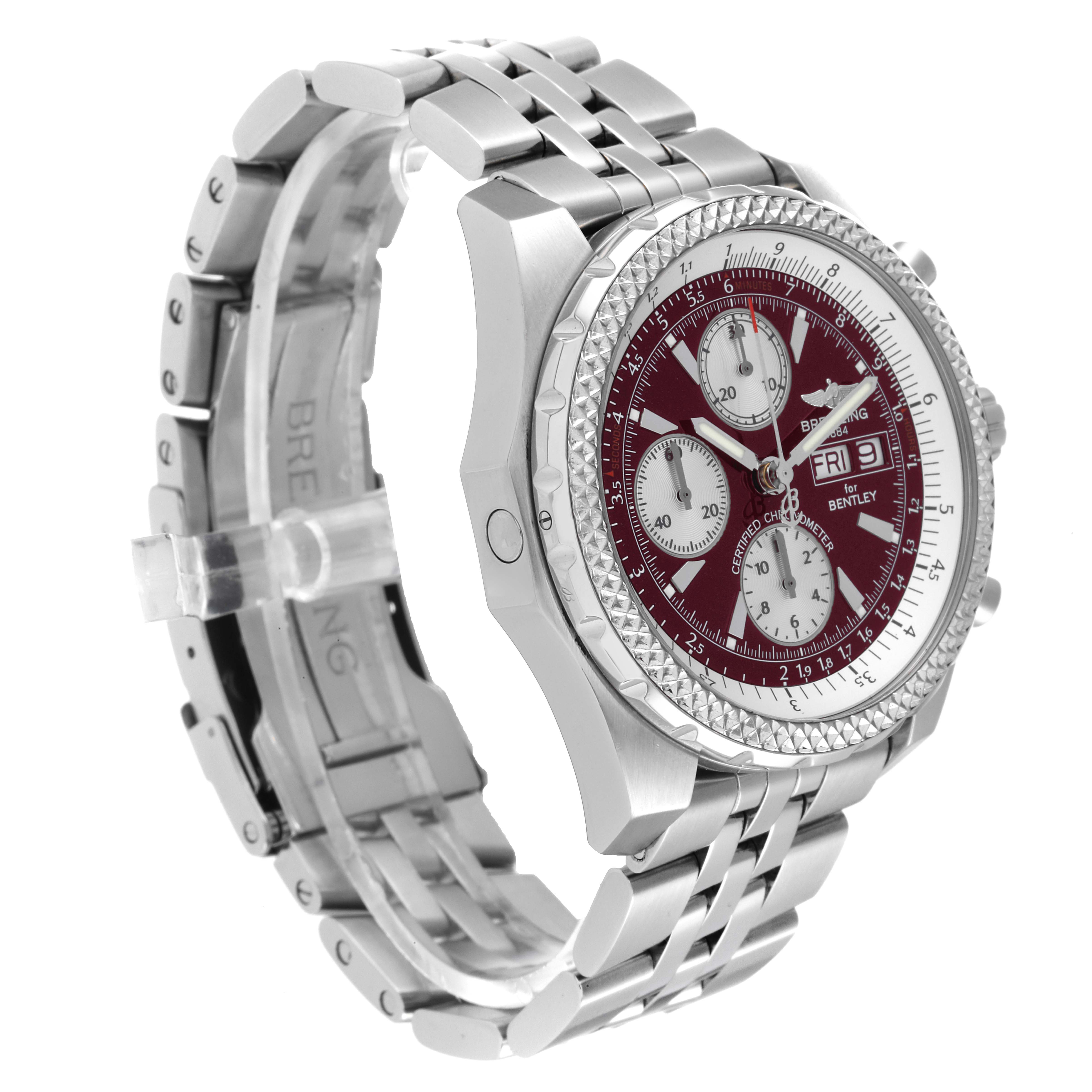 This image shows a side angle view of the Breitling Bentley A13363 Men's Stainless Steel Burgundy Dial A13363 Men's Stainless Steel Burgundy Dial watch, featuring its strap, case, and maroon dial.