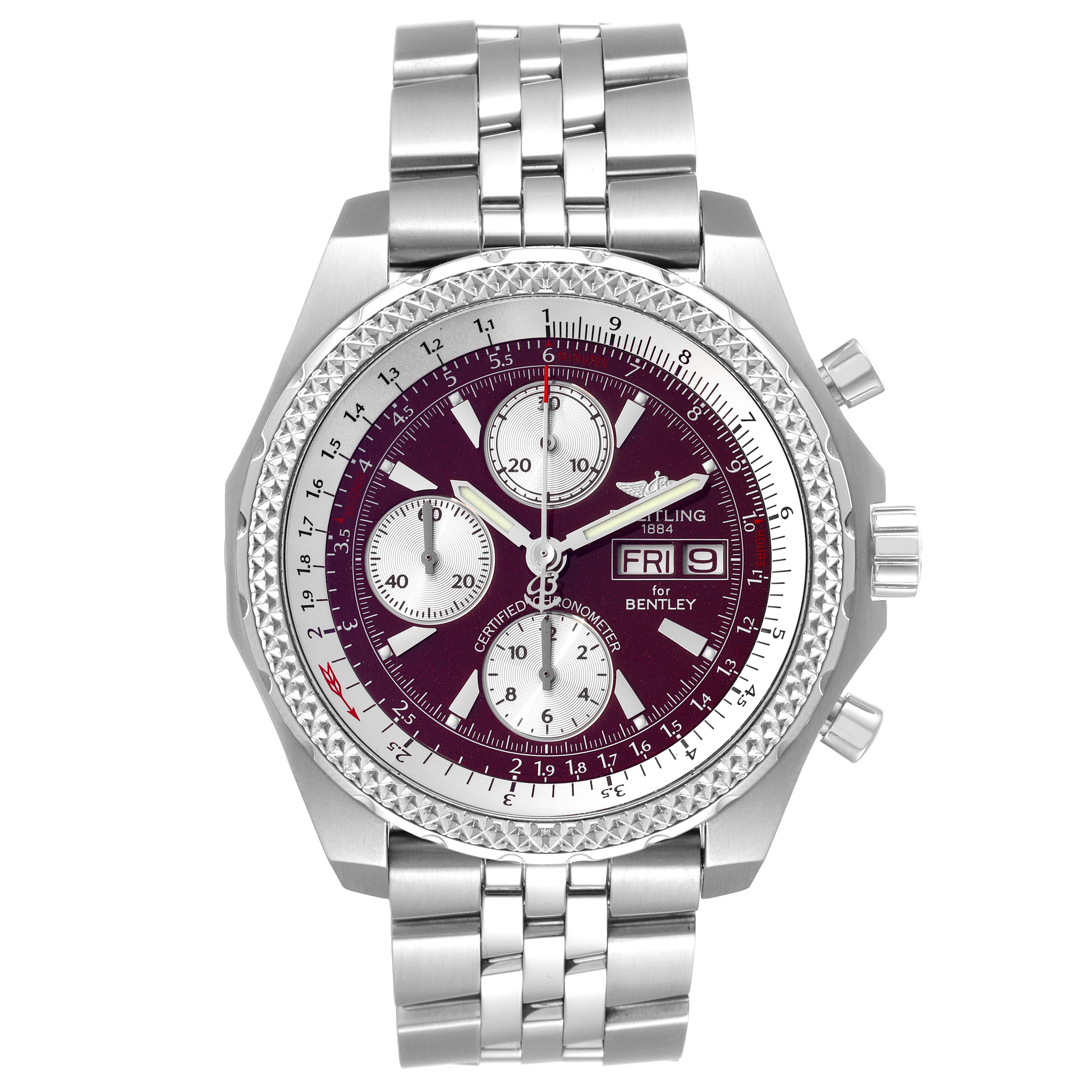 The image shows a front view of the Breitling Bentley A13363 Men's Stainless Steel Burgundy Dial A13363 Men's Stainless Steel Burgundy Dial watch, highlighting its face, bezel, and bracelet.