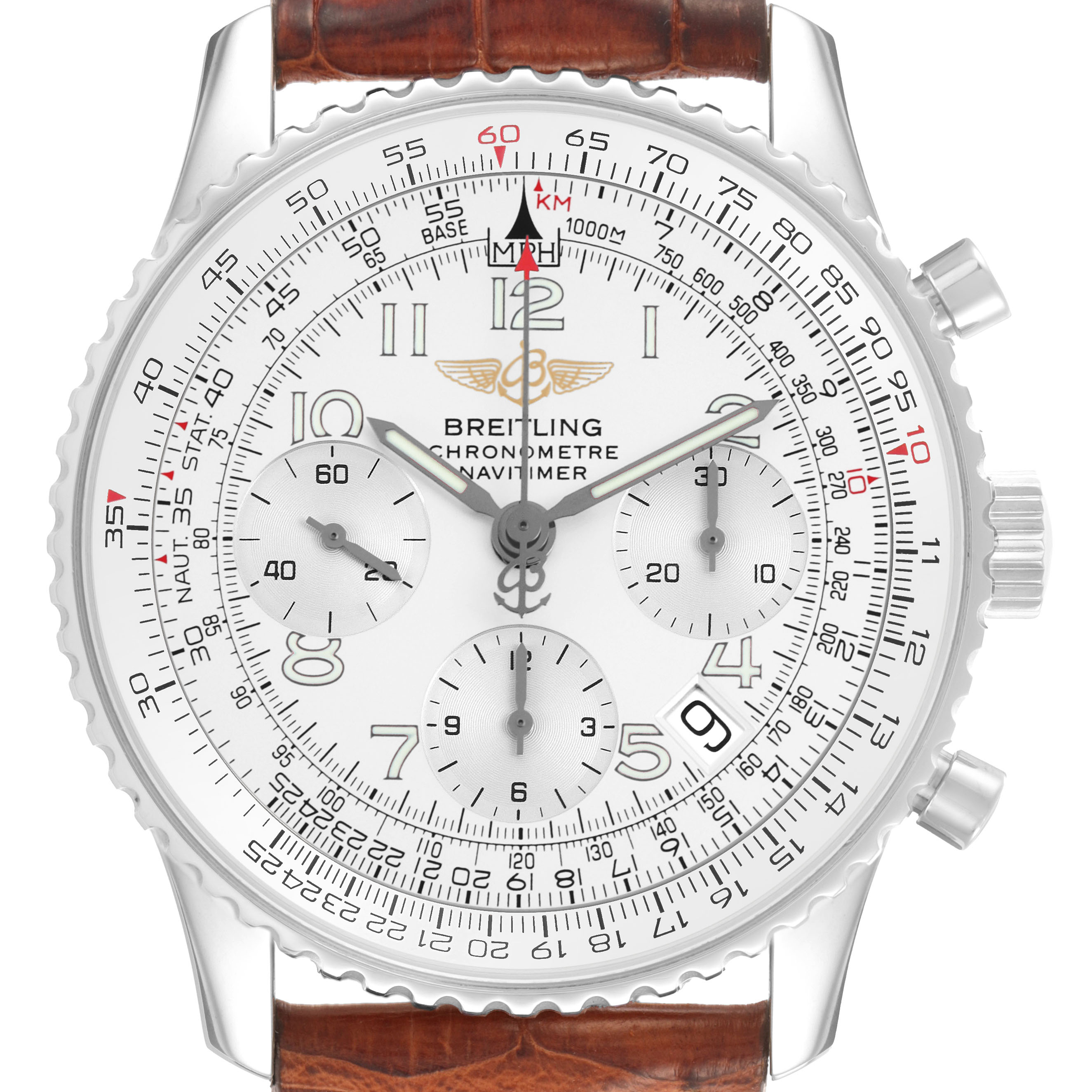 The Breitling Navitimer A23322 Men's Stainless Steel Silver Dial watch is shown from the front, displaying its dials, bezel, crown, and a brown leather strap.