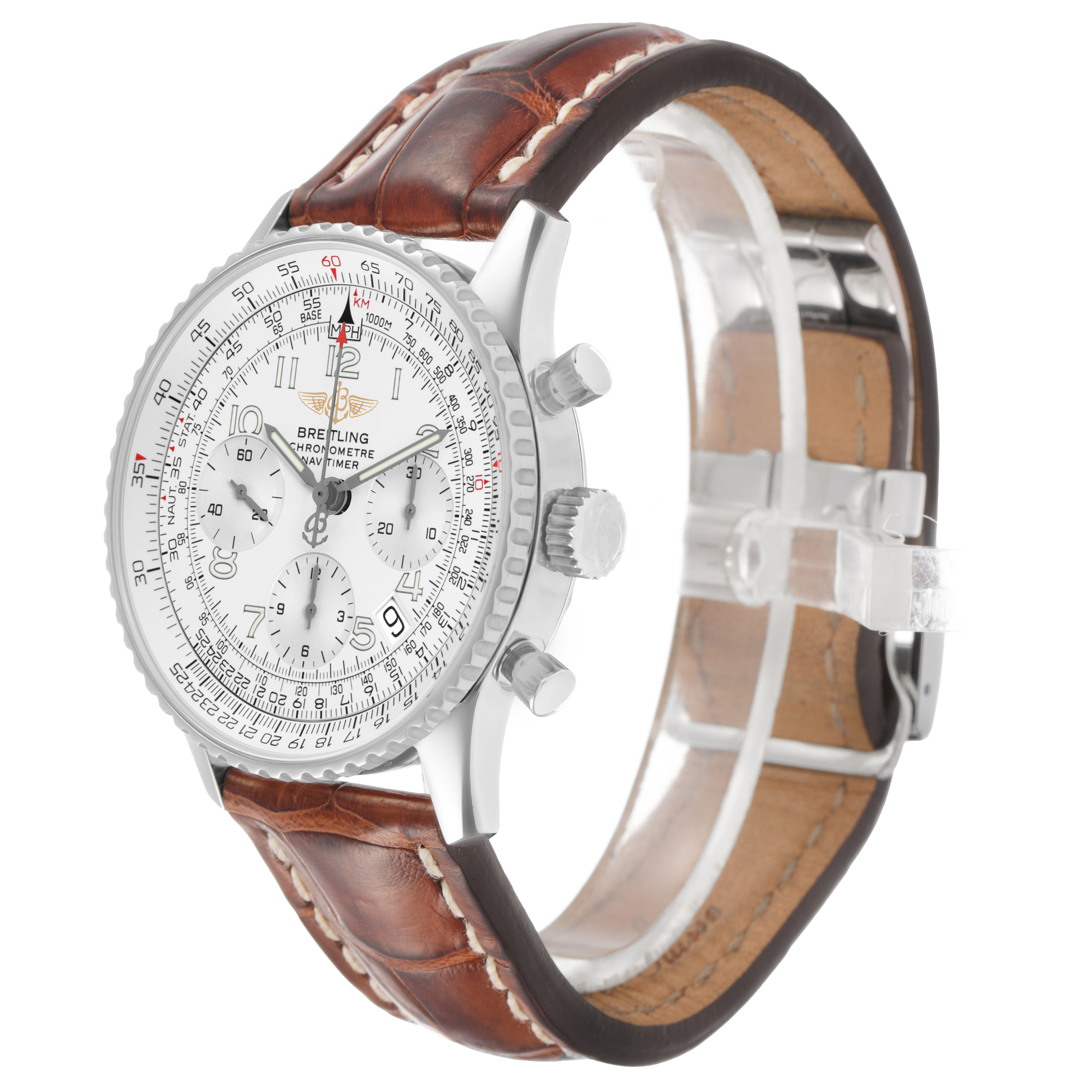 The Breitling Navitimer A23322 Men's Stainless Steel Silver Dial watch is shown at a three-quarter angle, highlighting the face, bezel, crown, pushers, and leather strap.