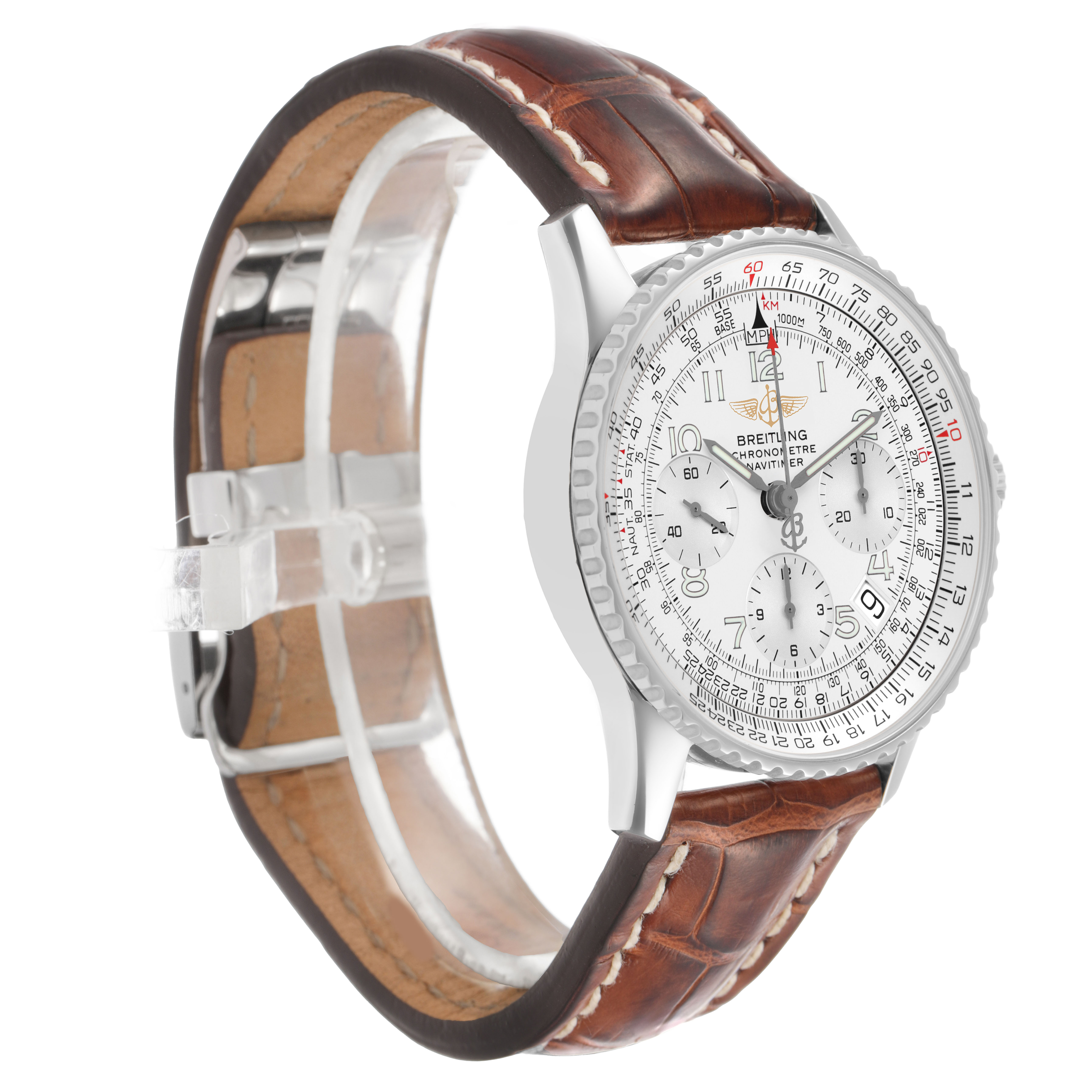 The Breitling Navitimer A23322 Men's Stainless Steel Silver Dial watch is shown at a slight angle, highlighting its face, bezel, and leather strap.