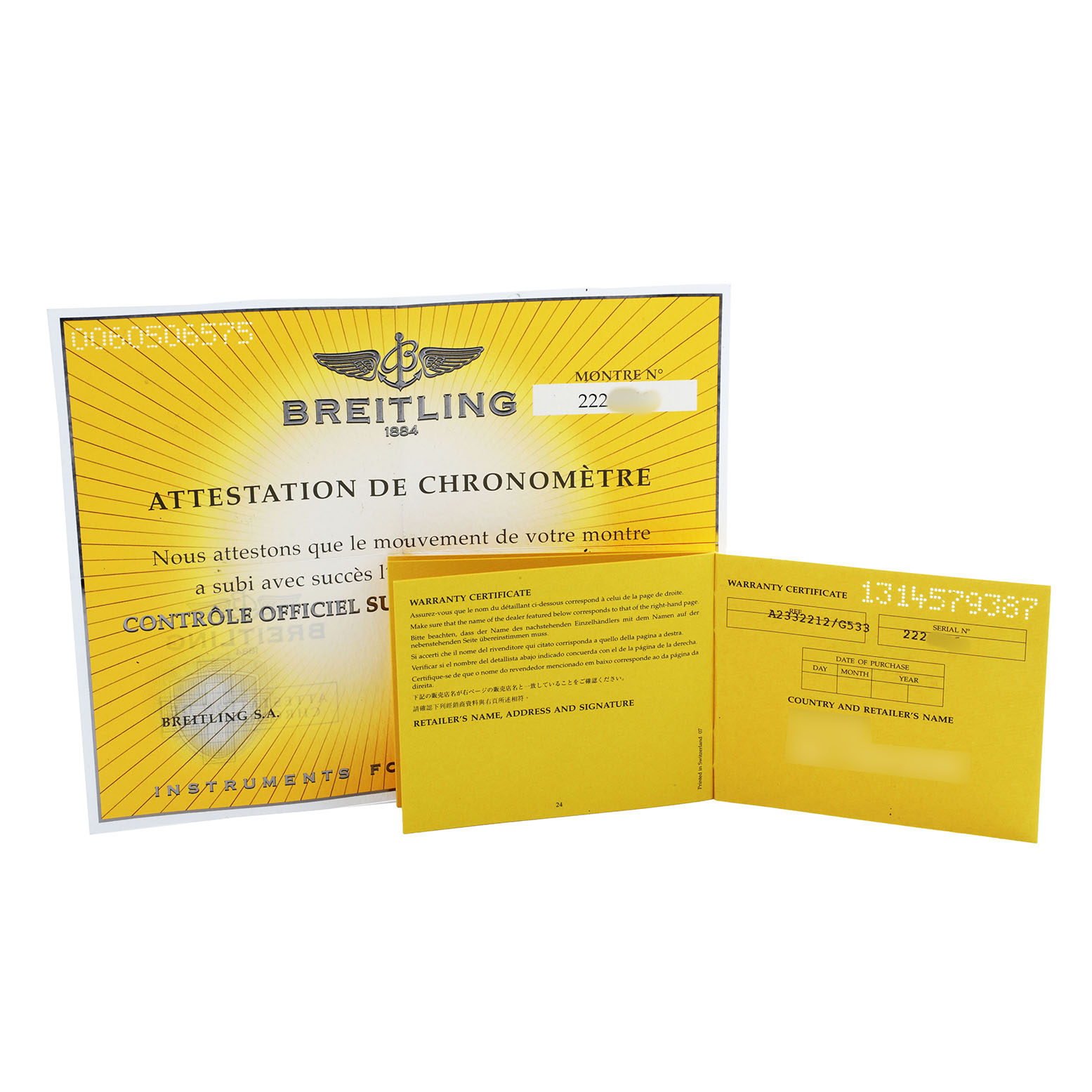 The image shows a Breitling Navitimer A23322 Men's Stainless Steel Silver Dial watch's documents, including a chronometer certificate and a warranty booklet.
