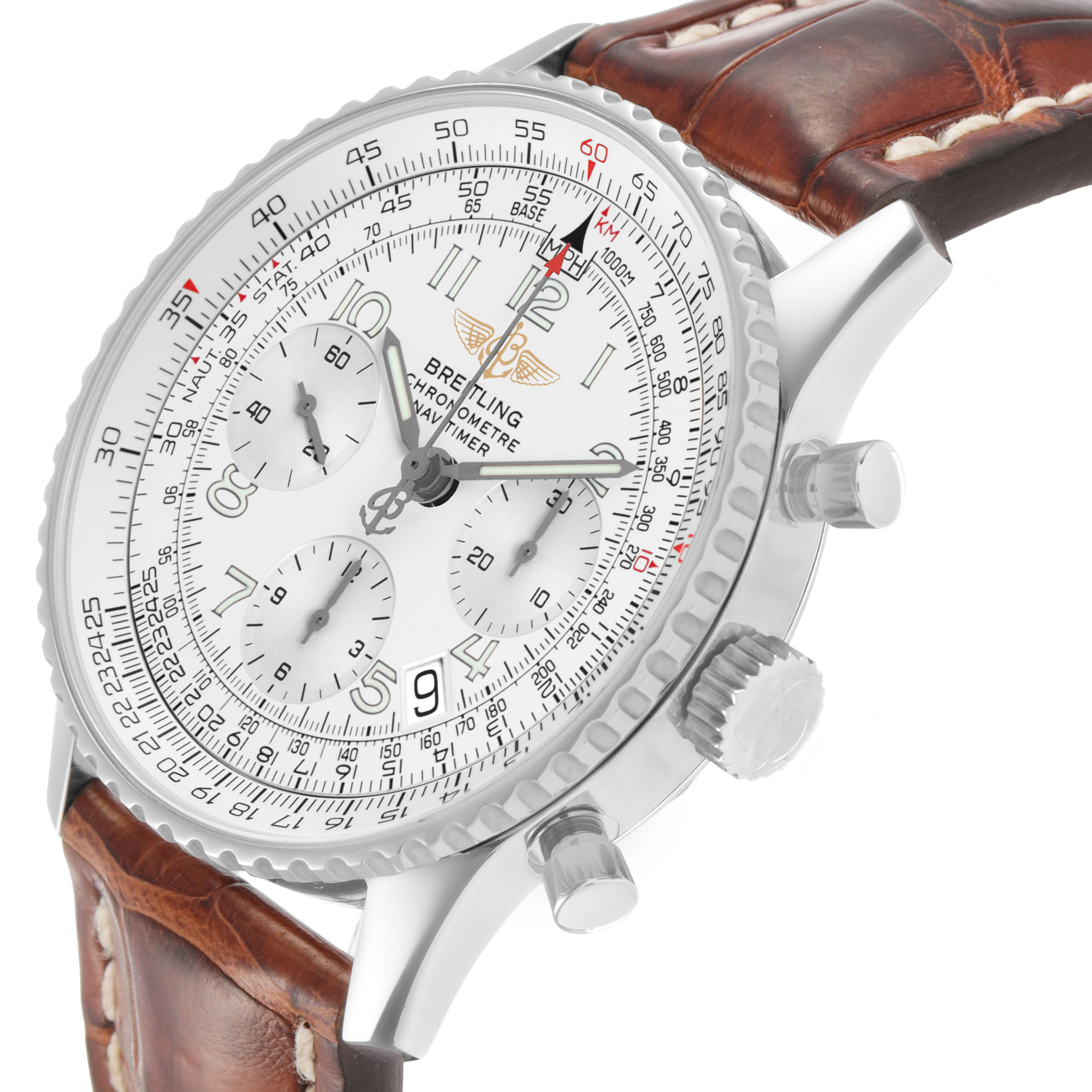 The Breitling Navitimer A23322 Men's Stainless Steel Silver Dial watch is shown at a side angle, highlighting the dial, crown, pushers, and brown leather strap.