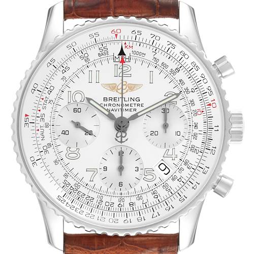 The Breitling Navitimer A23322 Men's Stainless Steel Silver Dial watch is shown from the front, displaying its dial, bezel, and chronograph subdials.